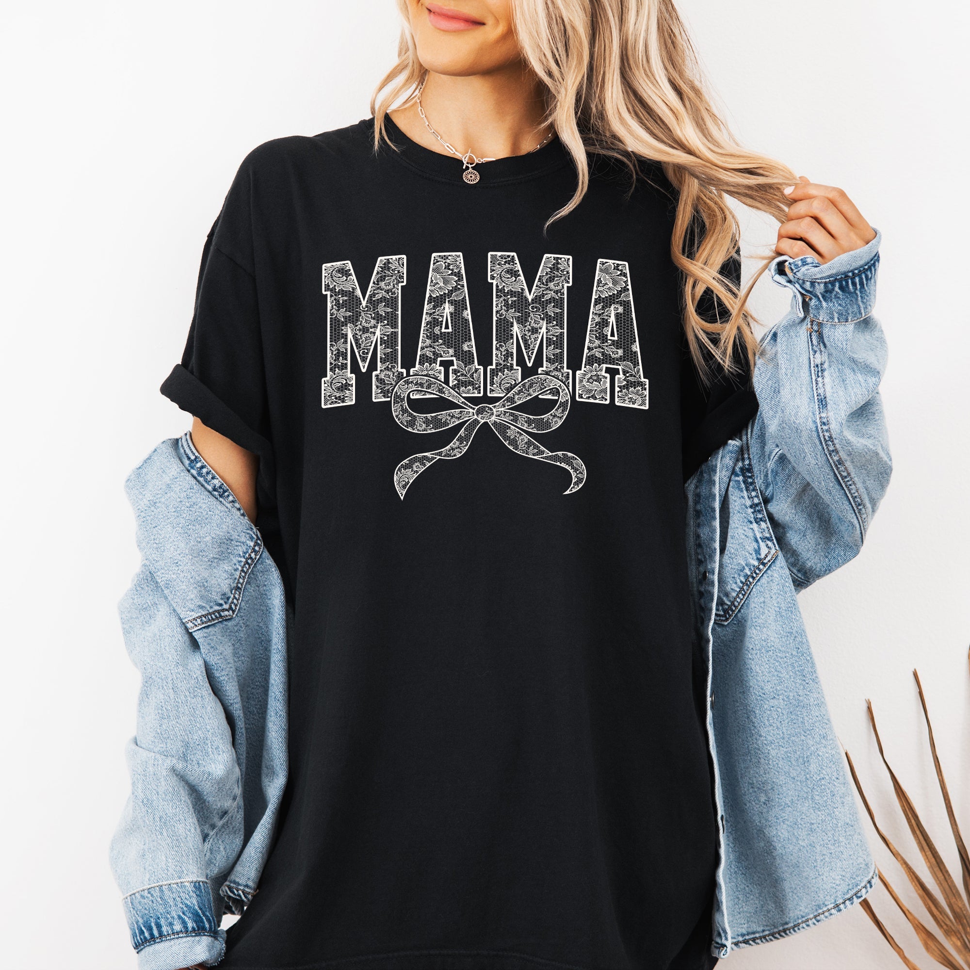 Mama Bow Ribbon Faux Lace Coquette Mother's Day Vintage Look Comfort Colors Tee