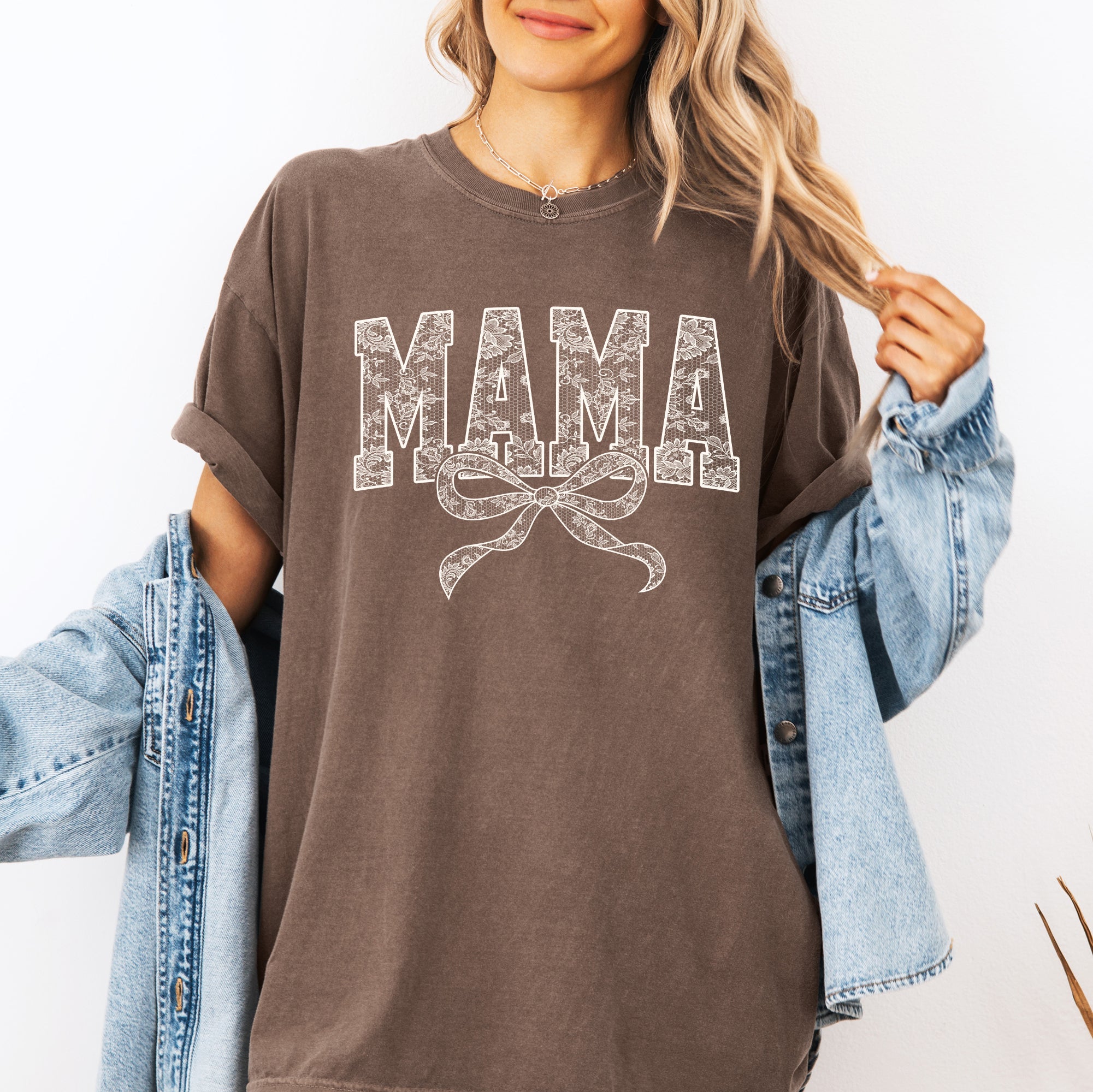 Mama Bow Ribbon Faux Lace Coquette Mother's Day Vintage Look Comfort Colors Tee