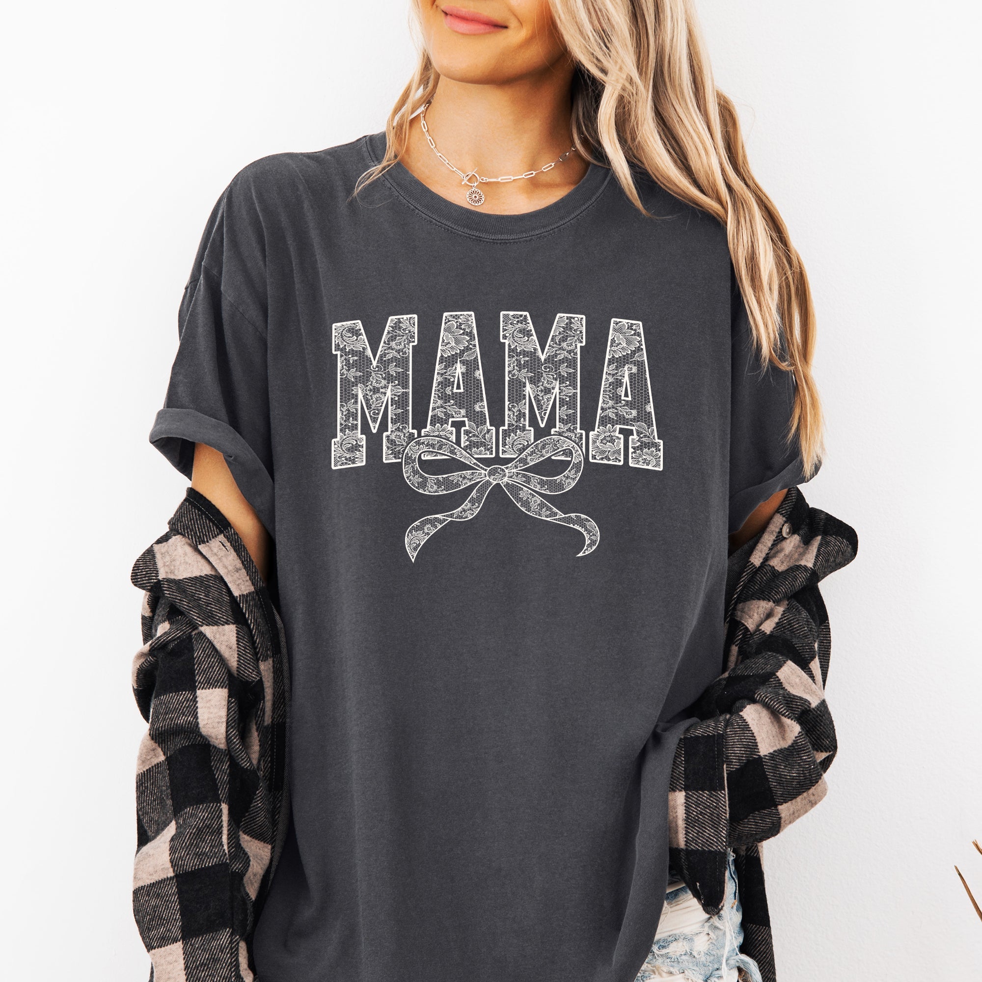 Mama Bow Ribbon Faux Lace Coquette Mother's Day Vintage Look Comfort Colors Tee