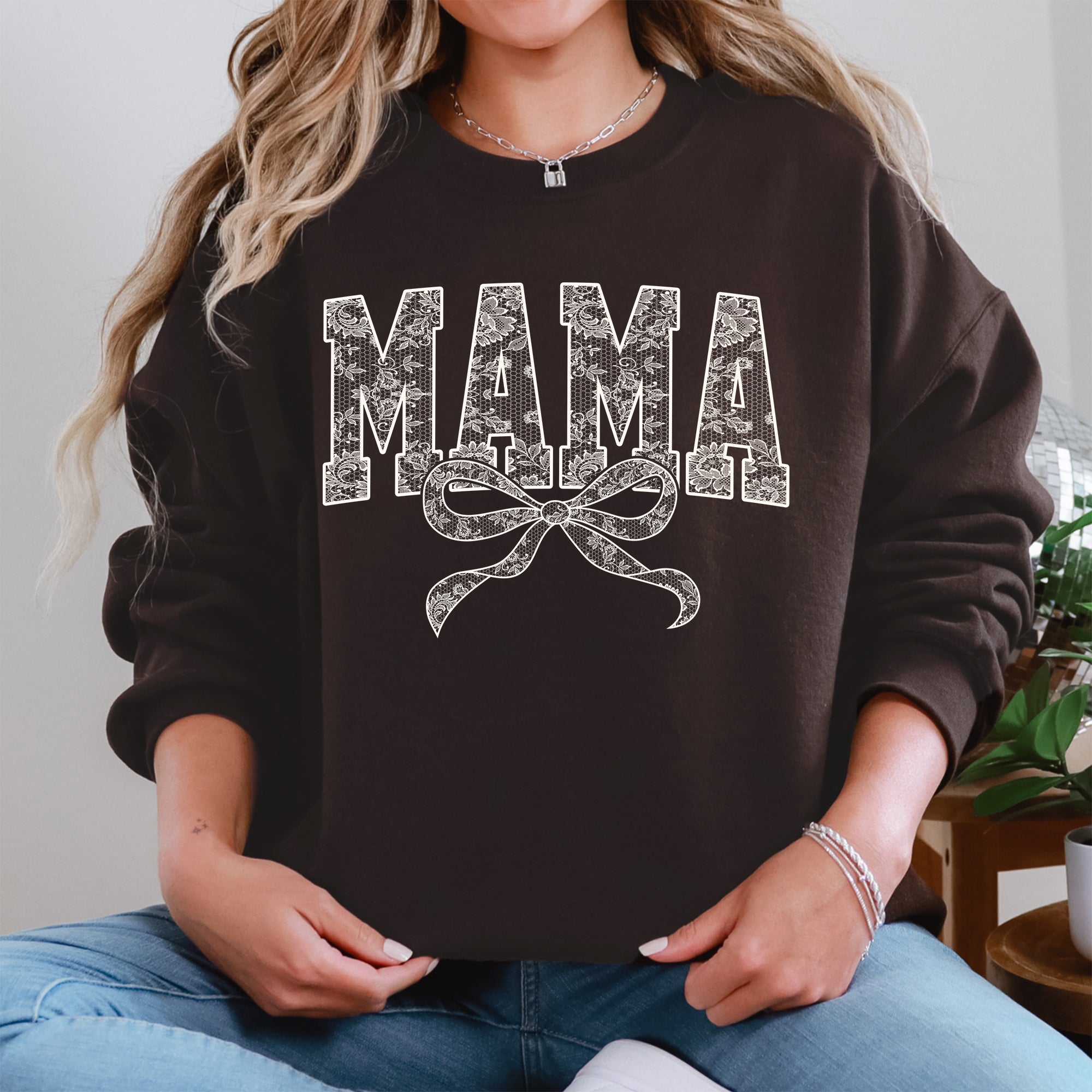 Mama Bow Ribbon Faux Lace Coquette Varsity Mother's Day Edition Keepsake Sweatshirt
