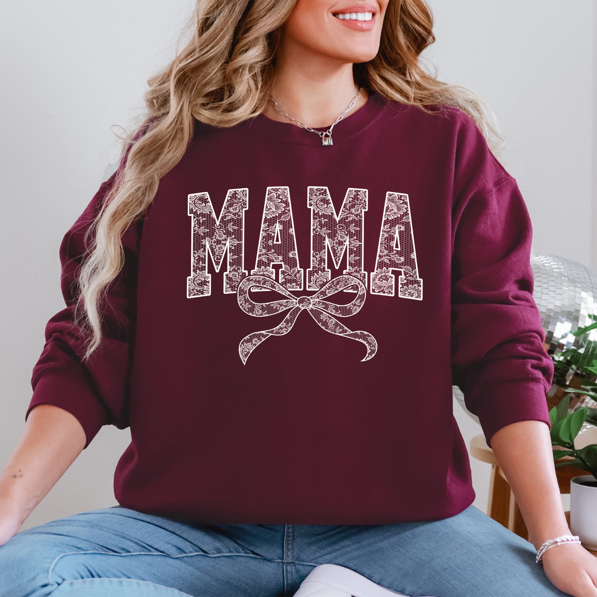 Mama Bow Ribbon Faux Lace Coquette Varsity Mother's Day Edition Keepsake Sweatshirt