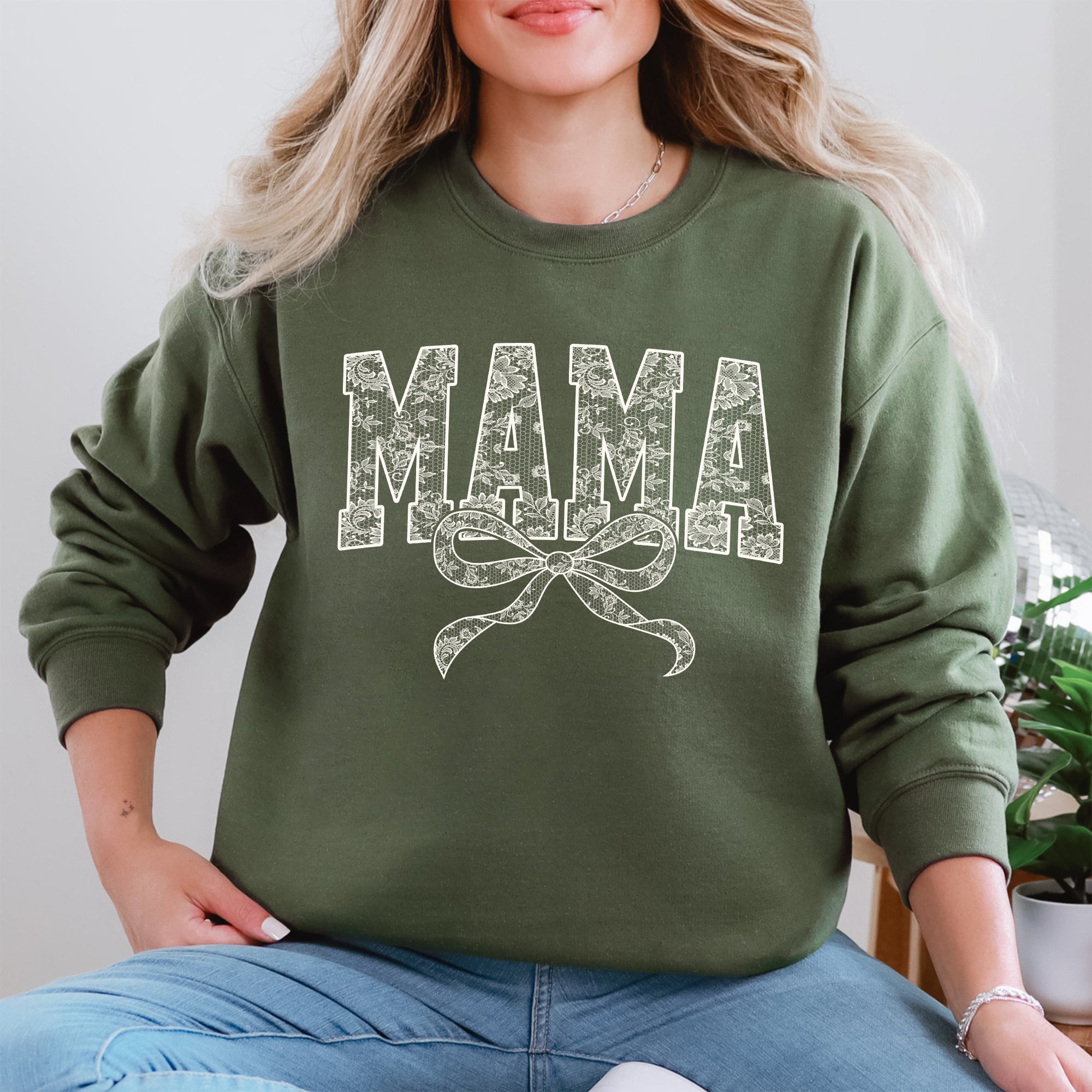 Mama Bow Ribbon Faux Lace Coquette Varsity Mother's Day Edition Keepsake Sweatshirt