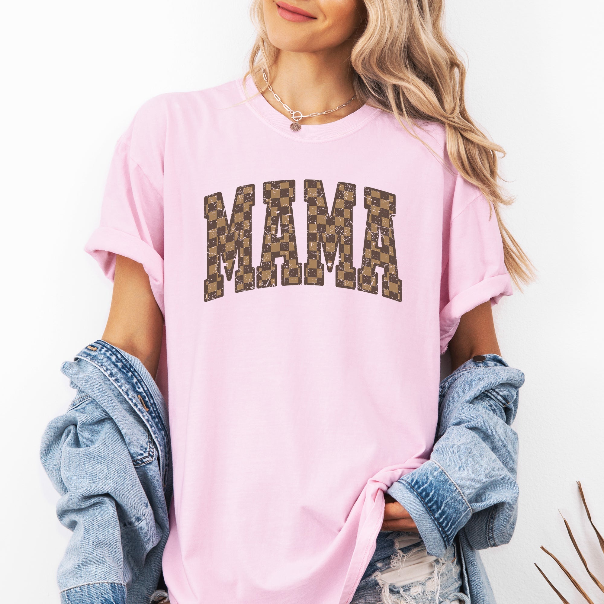 Mama Brown Checkered Retro Varsity Mother's Day Vintage Graphic Print Edition Comfort Colors Tee
