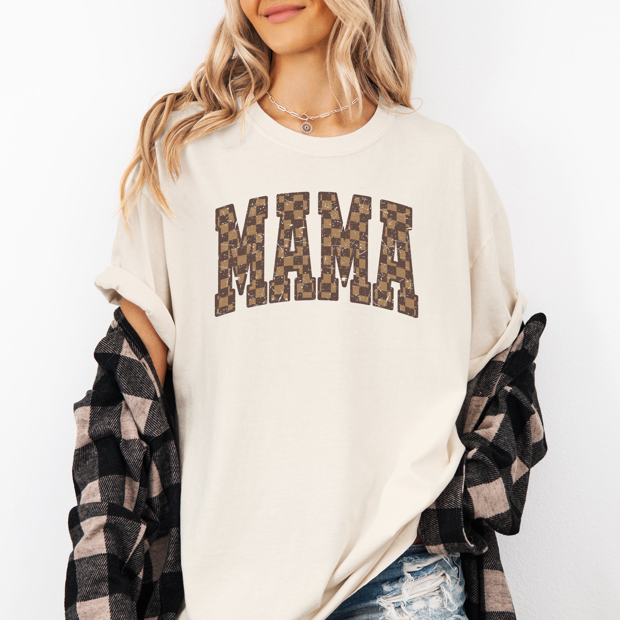 Mama Brown Checkered Retro Varsity Mother's Day Vintage Graphic Print Edition Comfort Colors Tee