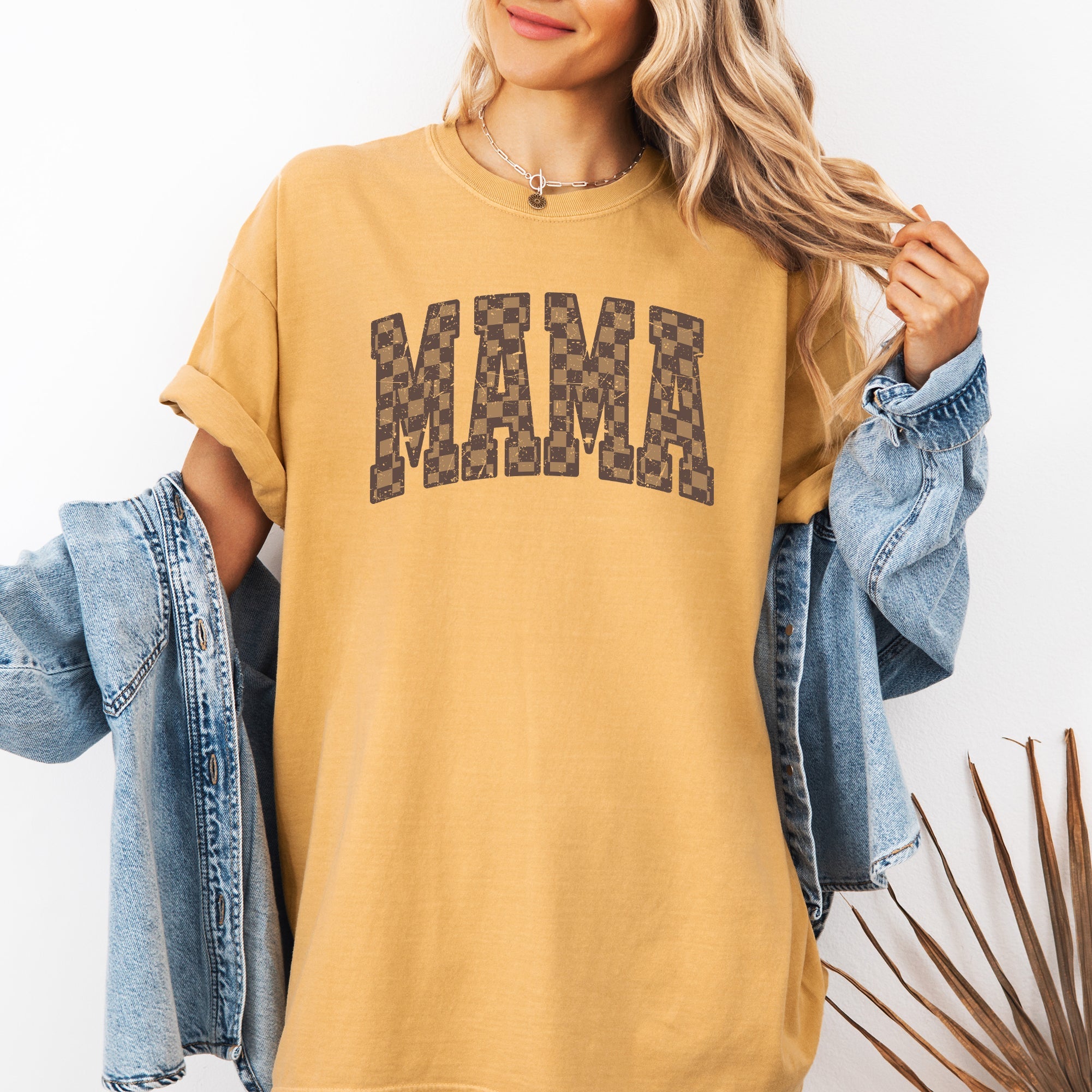 Mama Brown Checkered Retro Varsity Mother's Day Vintage Graphic Print Edition Comfort Colors Tee