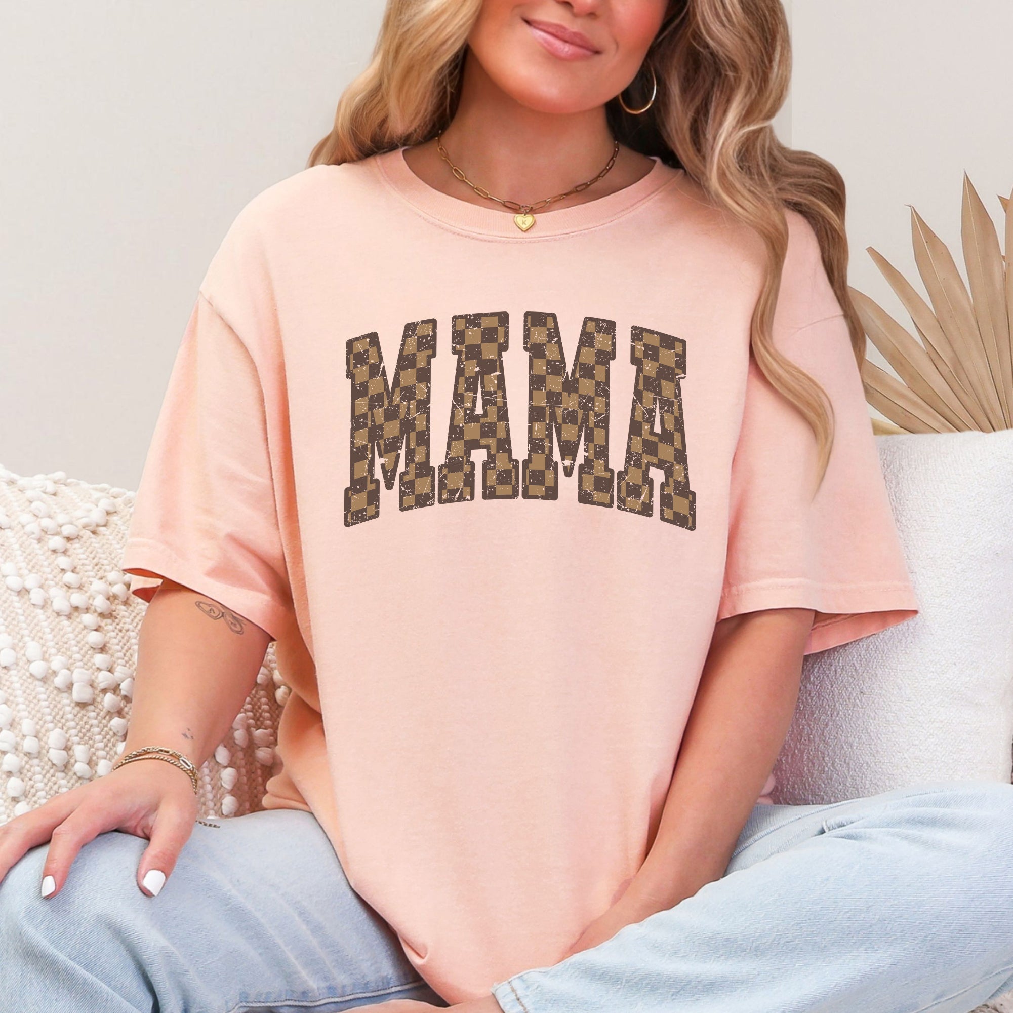 Mama Brown Checkered Retro Varsity Mother's Day Vintage Graphic Print Edition Comfort Colors Tee