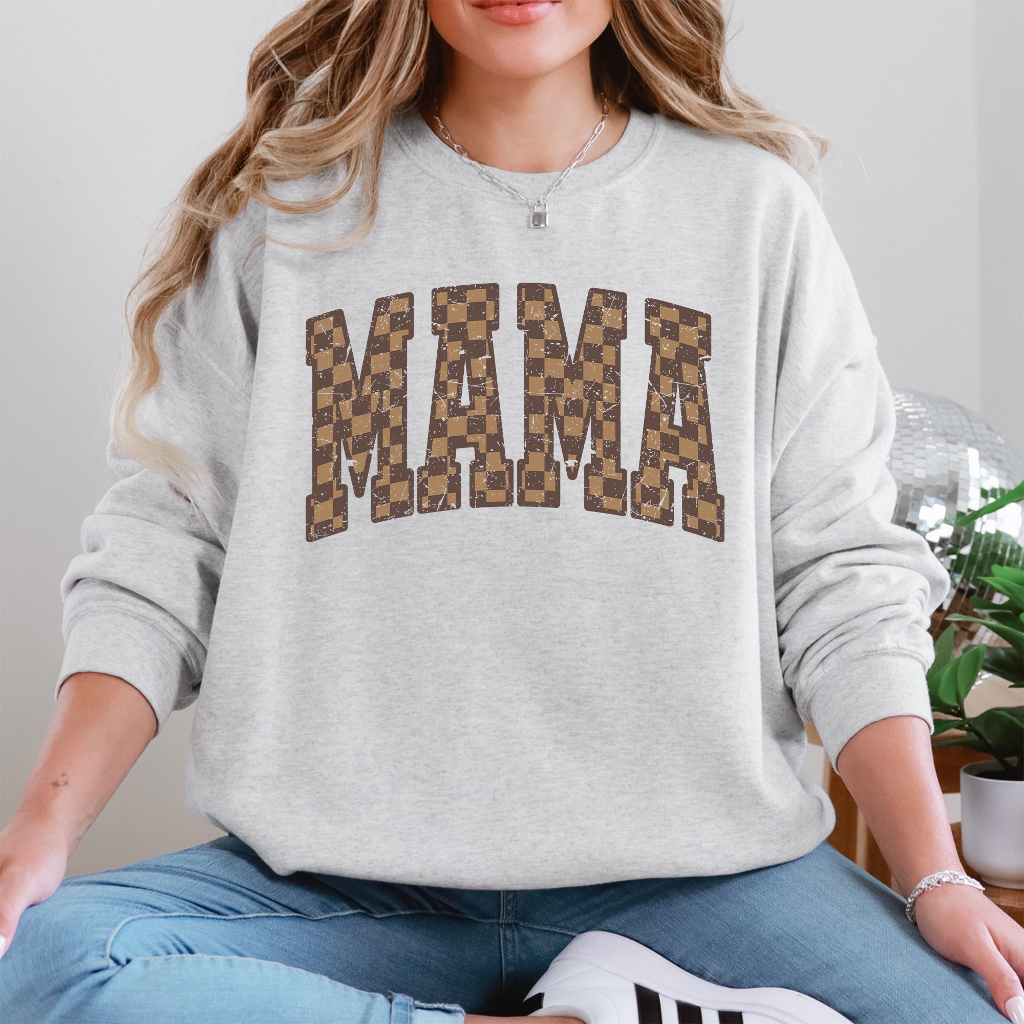 Mama Brown Checkered Retro Varsity Mother's Day Sweatshirt