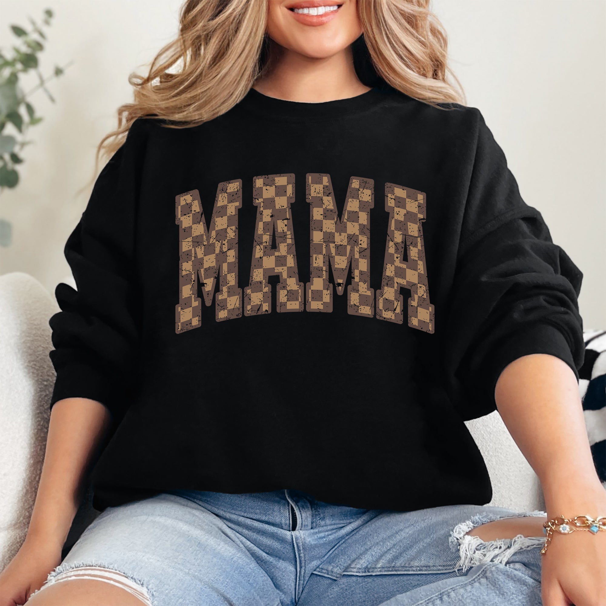 Mama Brown Checkered Retro Varsity Mother's Day Sweatshirt