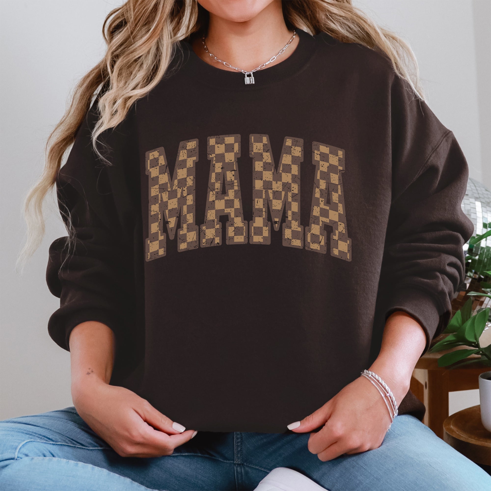 Mama Brown Checkered Retro Varsity Mother's Day Sweatshirt