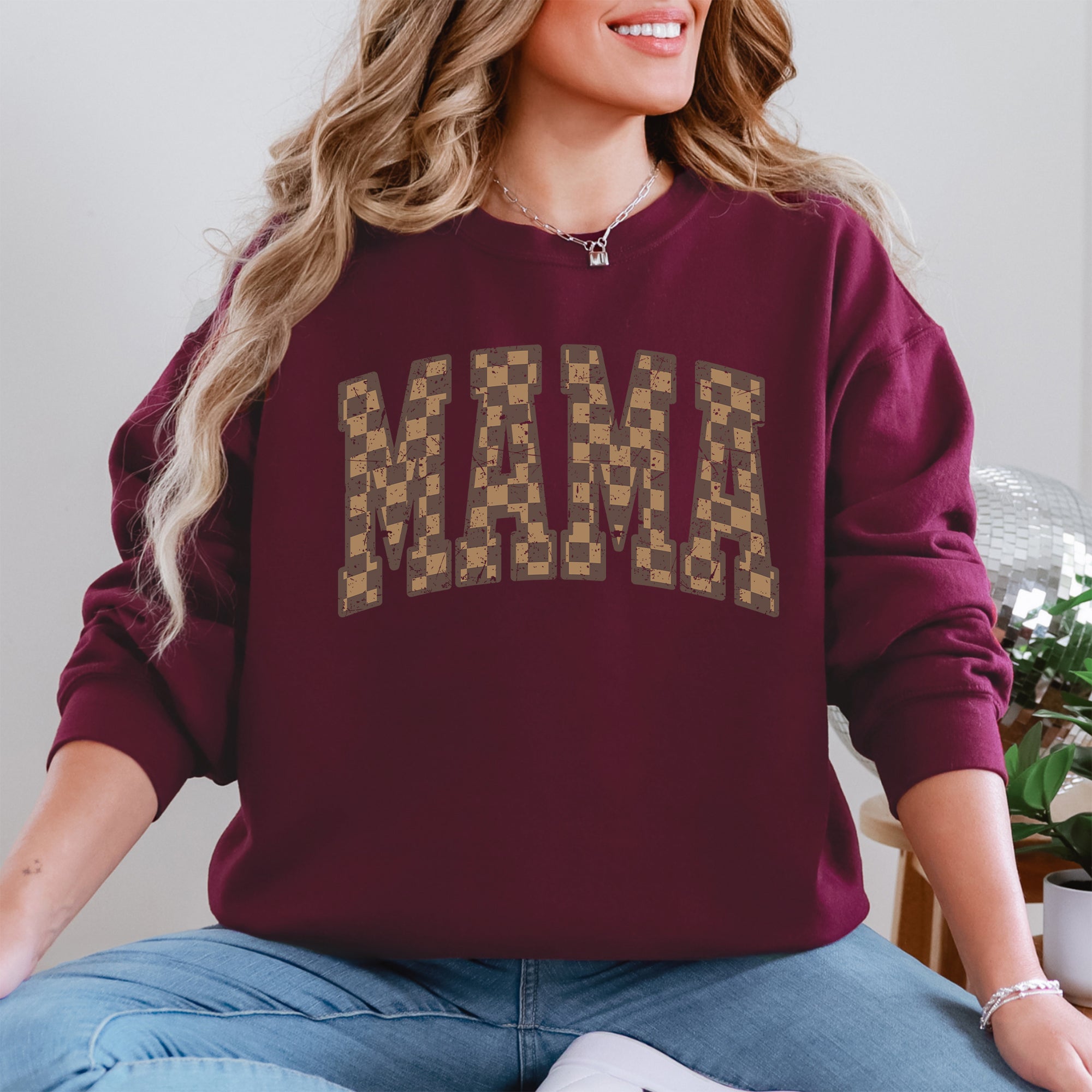 Mama Brown Checkered Retro Varsity Mother's Day Sweatshirt