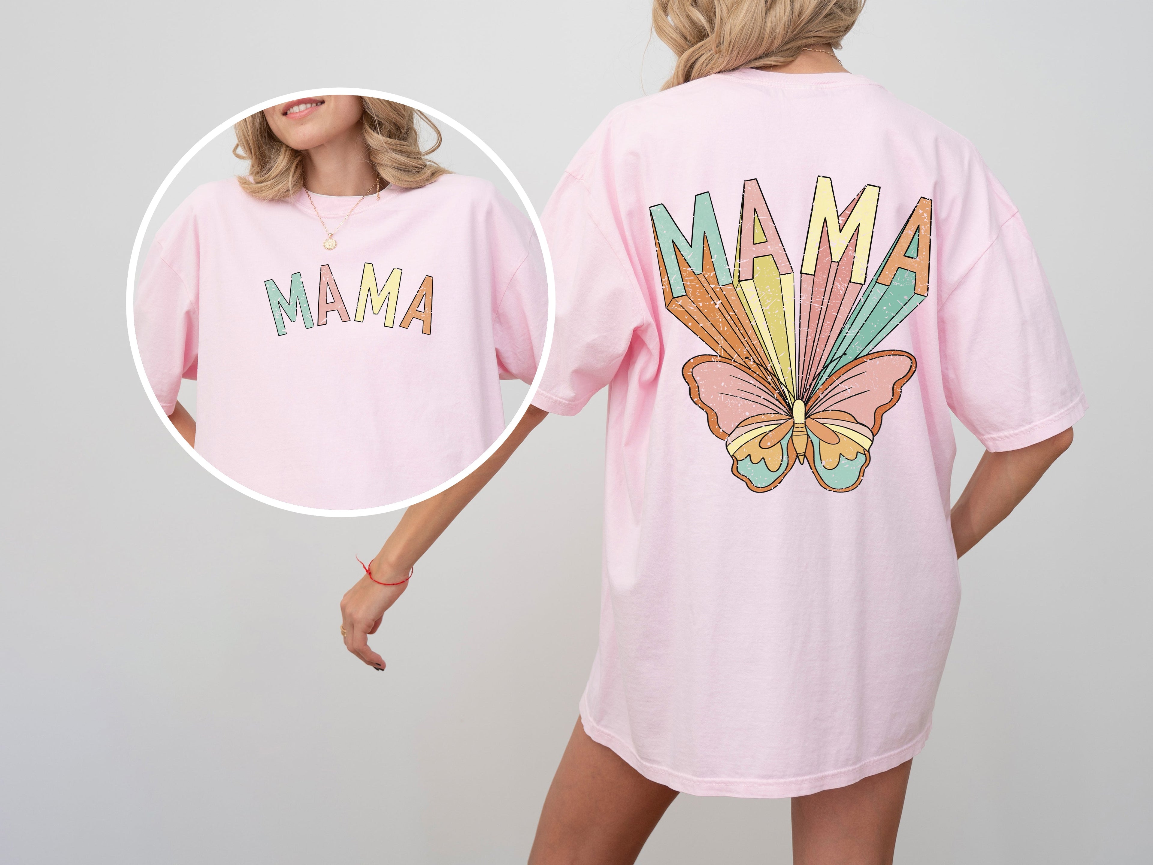 Mama Butterfly Colorful Mother's Day Front And Back Retro Psychedelic Vibe Comfort Colors Tee