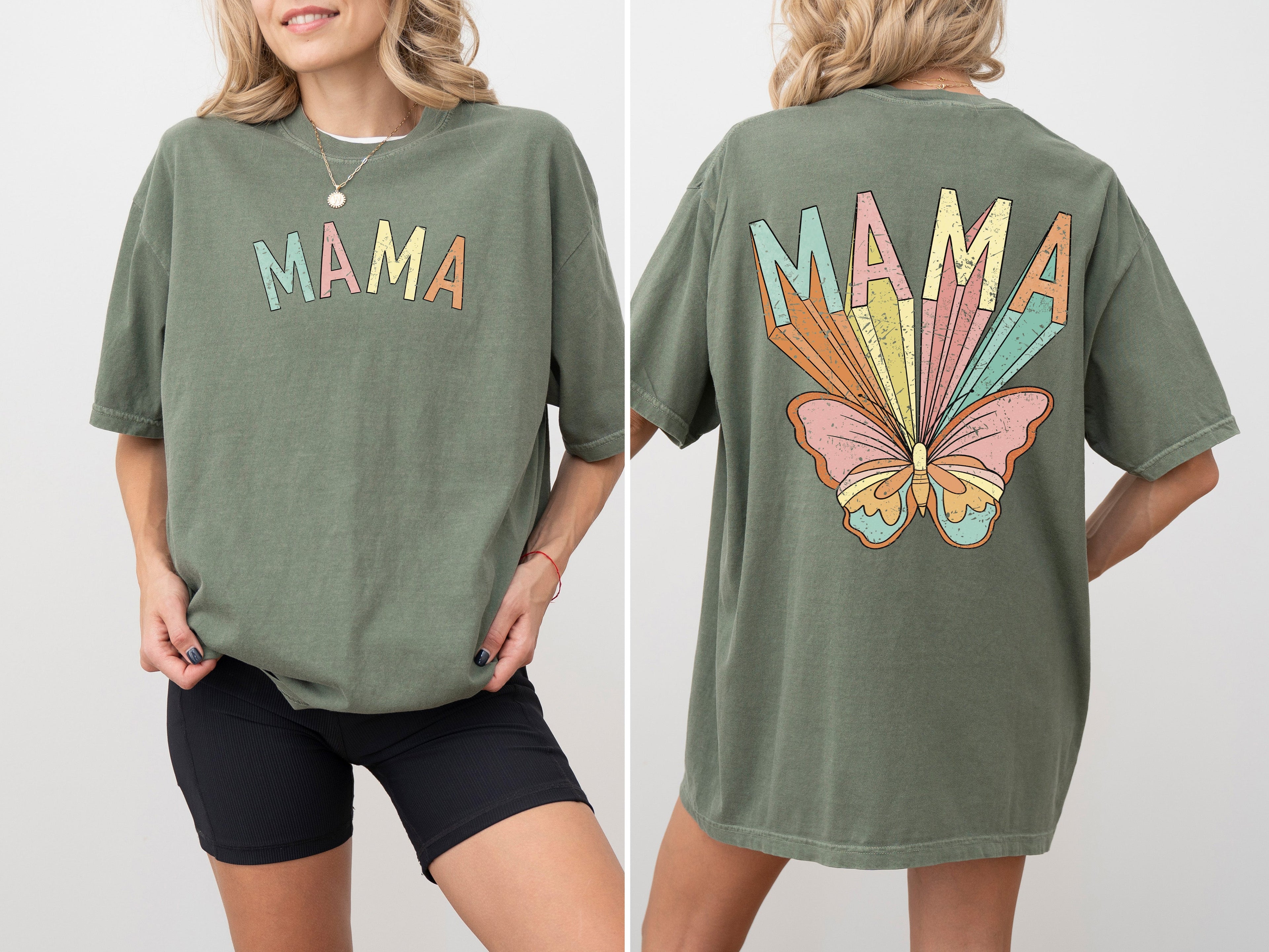 Mama Butterfly Colorful Mother's Day Front And Back Retro Psychedelic Vibe Comfort Colors Tee