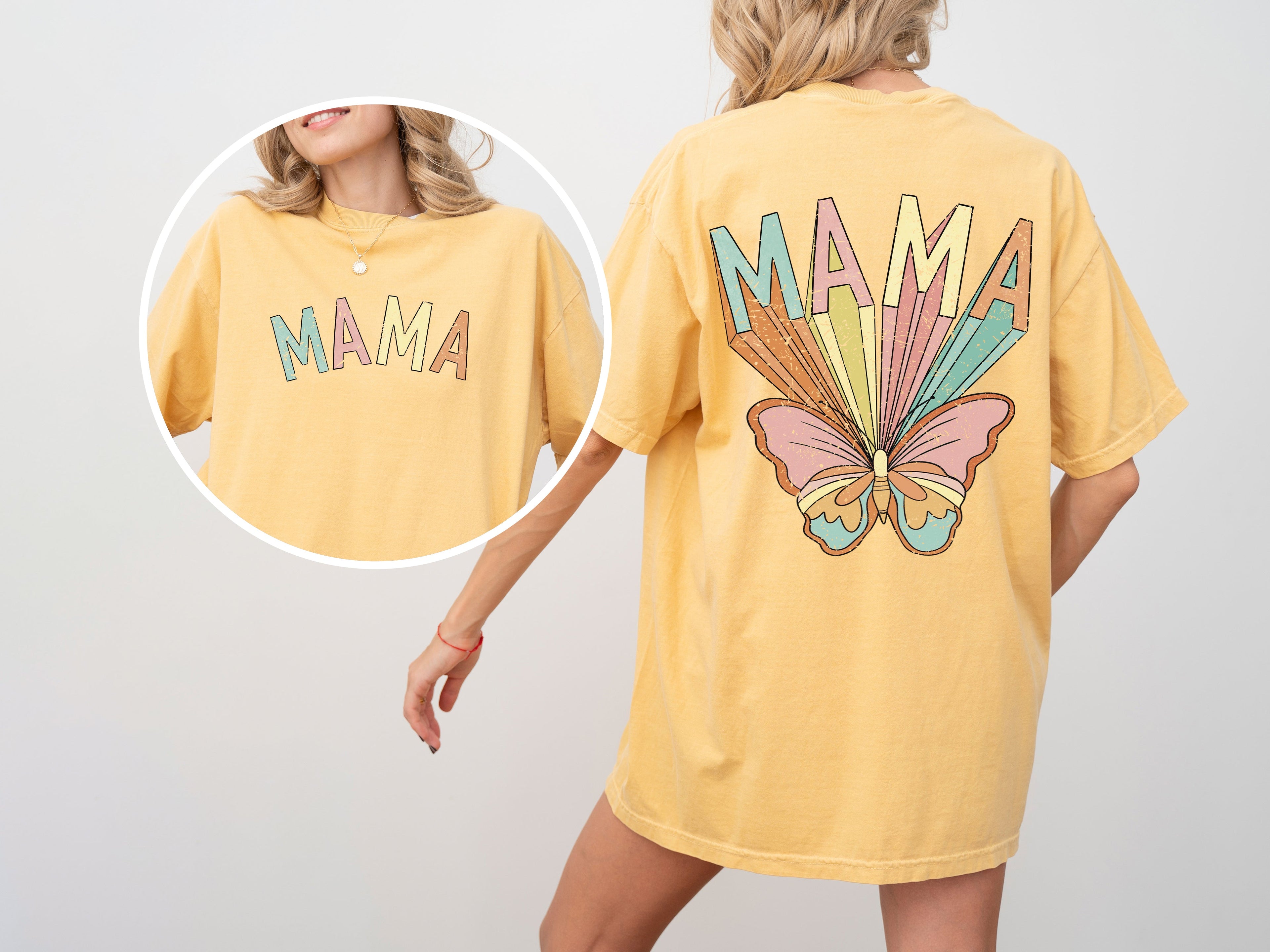 Mama Butterfly Colorful Mother's Day Front And Back Retro Psychedelic Vibe Comfort Colors Tee