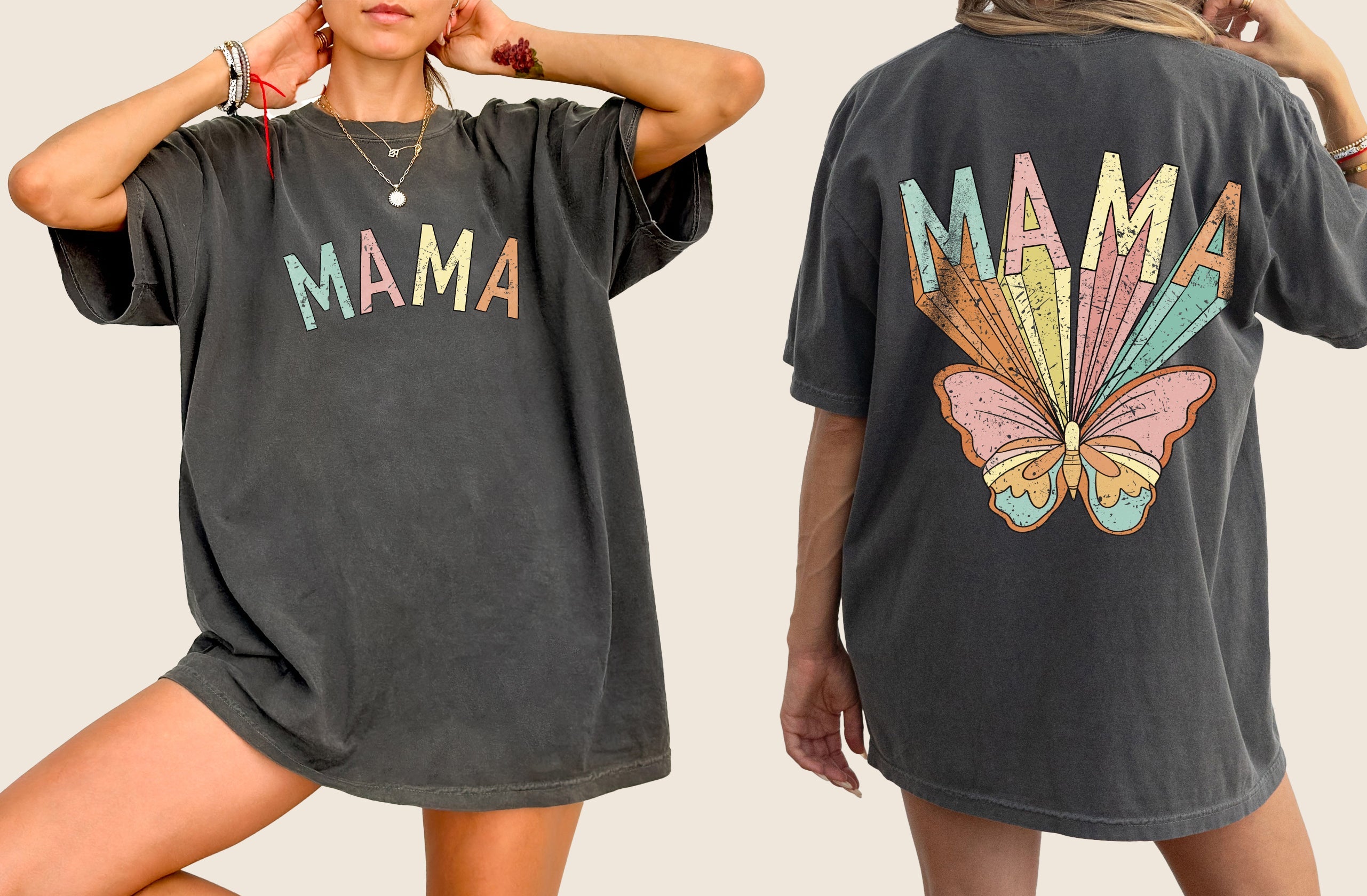 Mama Butterfly Colorful Mother's Day Front And Back Retro Psychedelic Vibe Comfort Colors Tee