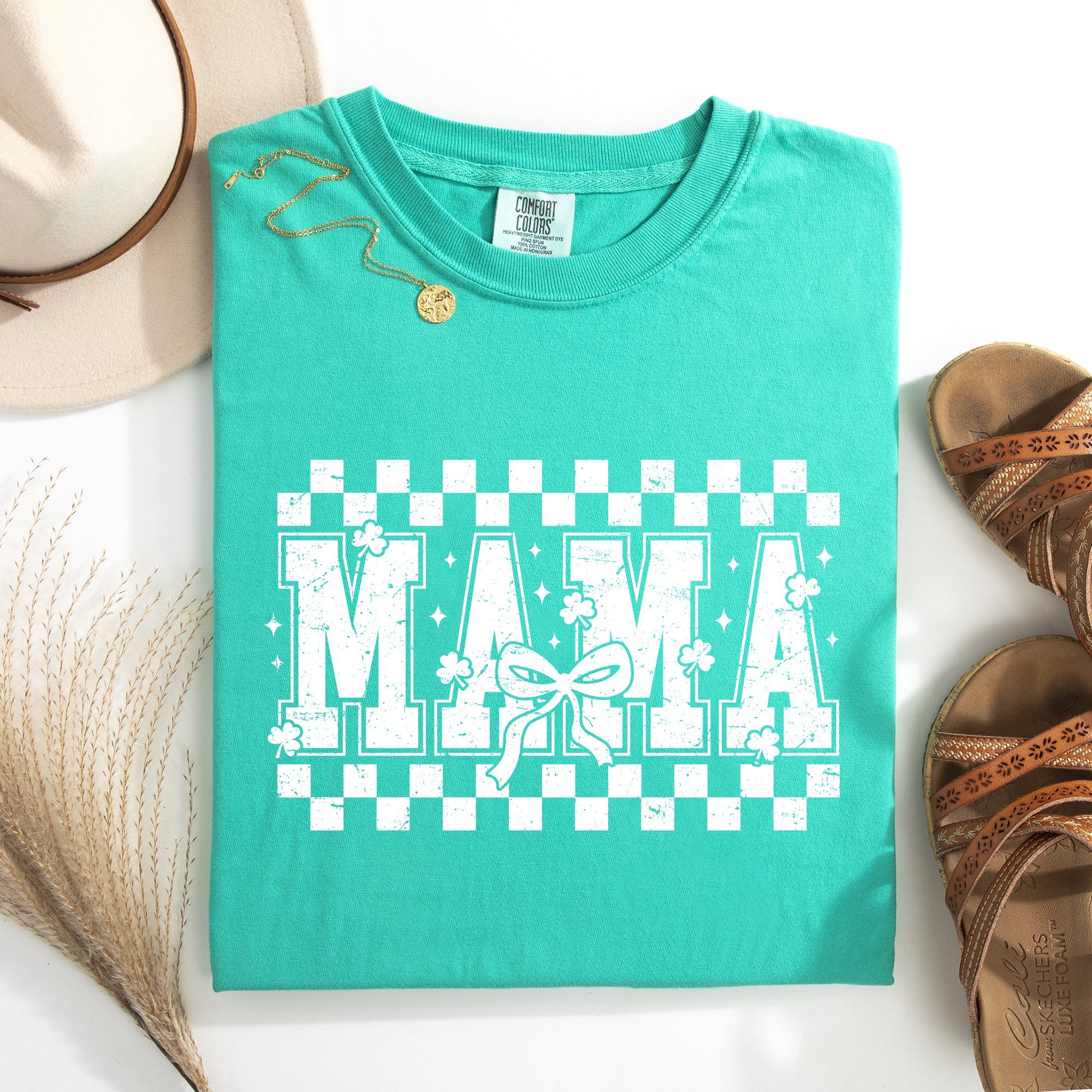 Mama Checkered Bow Ribbon St Patrick's Day Shamrock Clover Lucky Leprechaun Comfort Colors Tee
