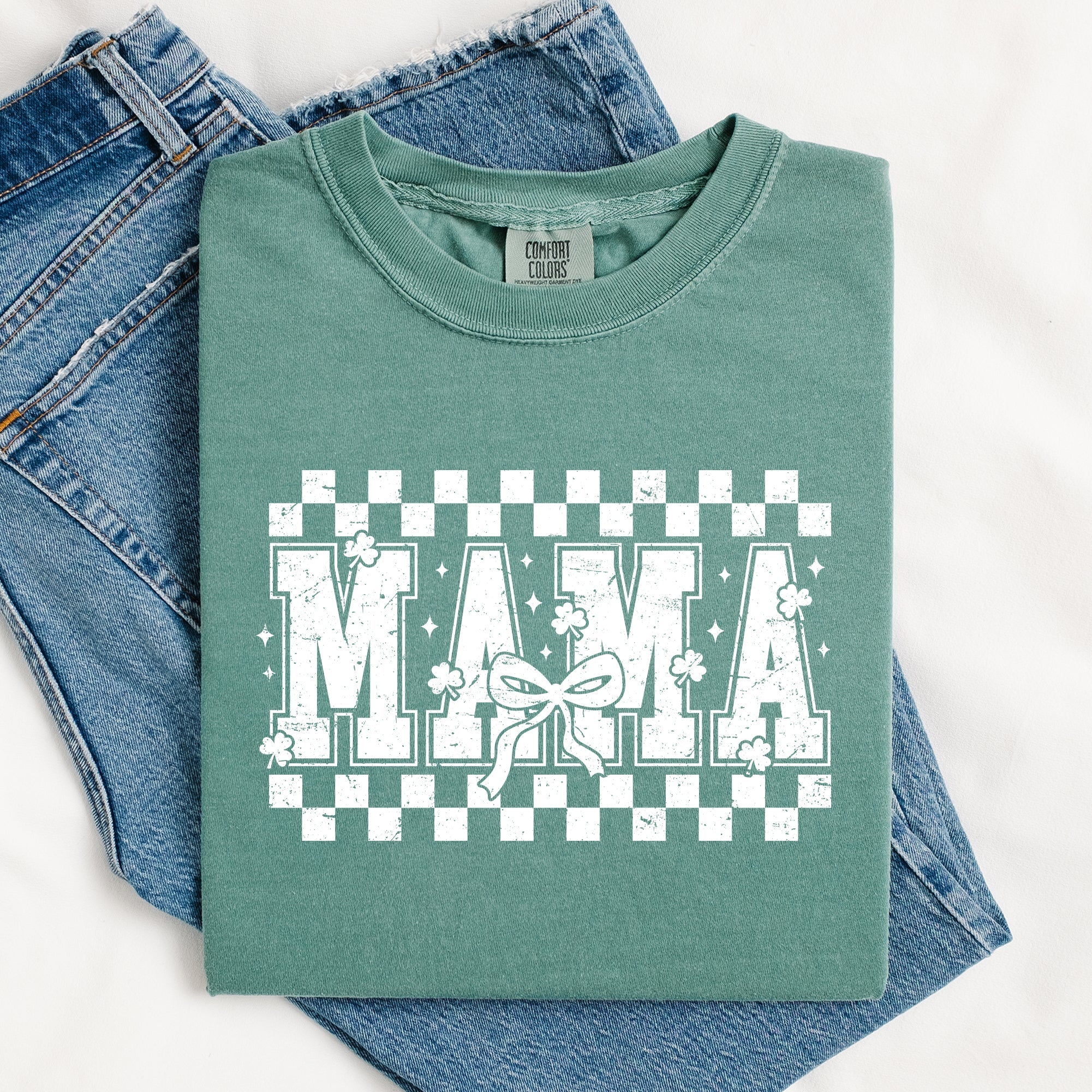 Mama Checkered Bow Ribbon St Patrick's Day Shamrock Clover Lucky Leprechaun Comfort Colors Tee