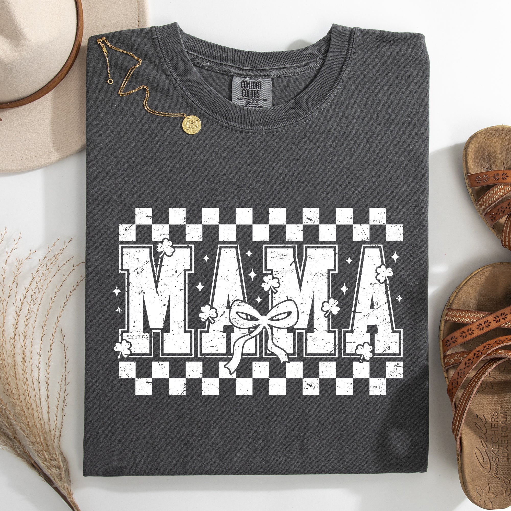 Mama Checkered Bow Ribbon St Patrick's Day Shamrock Clover Lucky Leprechaun Comfort Colors Tee
