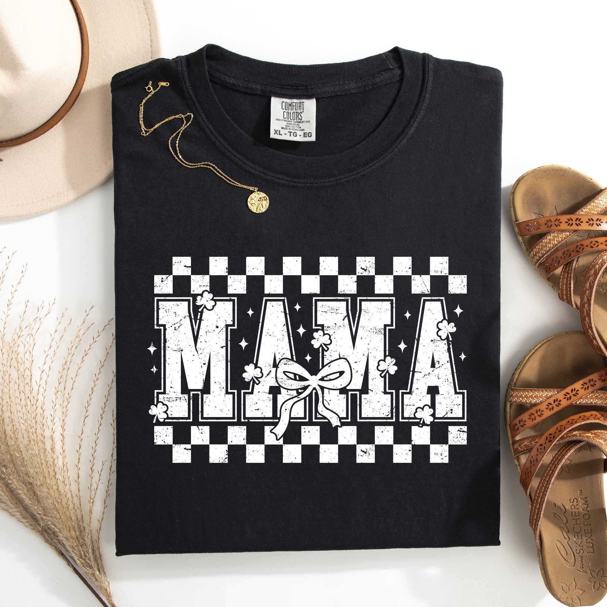 Mama Checkered Bow Ribbon St Patrick's Day Shamrock Clover Lucky Leprechaun Comfort Colors Tee