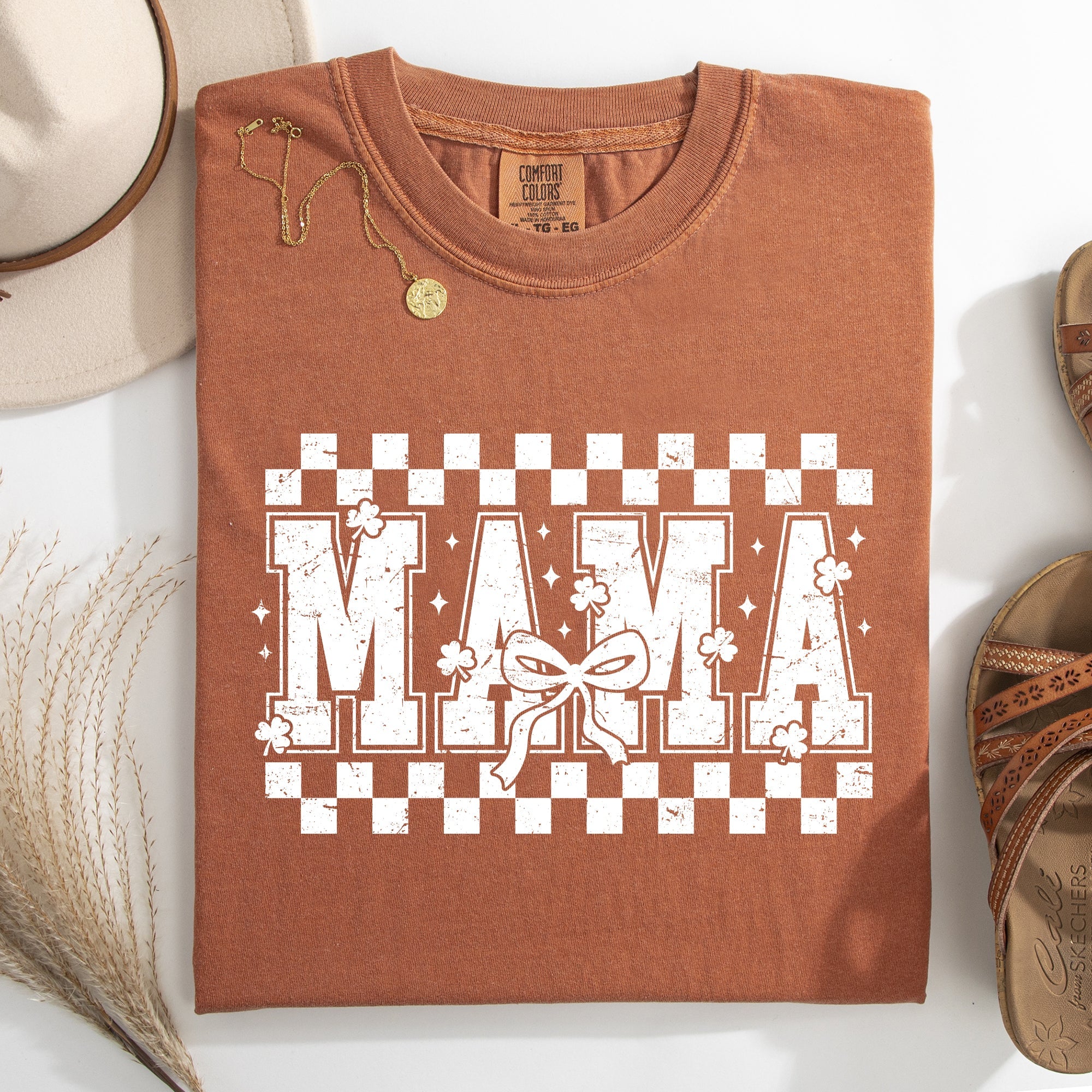 Mama Checkered Bow Ribbon St Patrick's Day Shamrock Clover Lucky Leprechaun Comfort Colors Tee