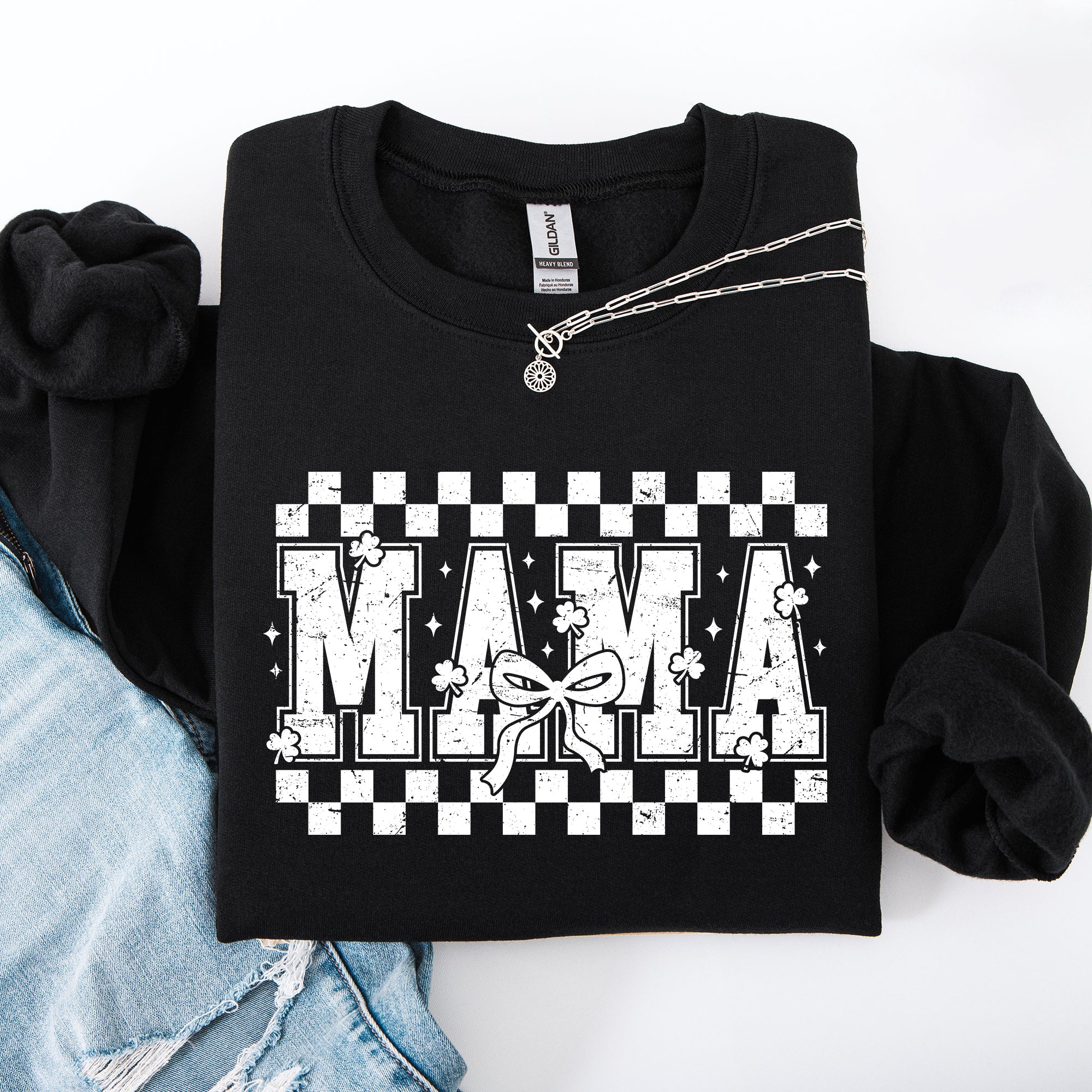 Mama Checkered Bow Ribbon St Patrick's Day Shamrock Clover Leprechaun Sweatshirt