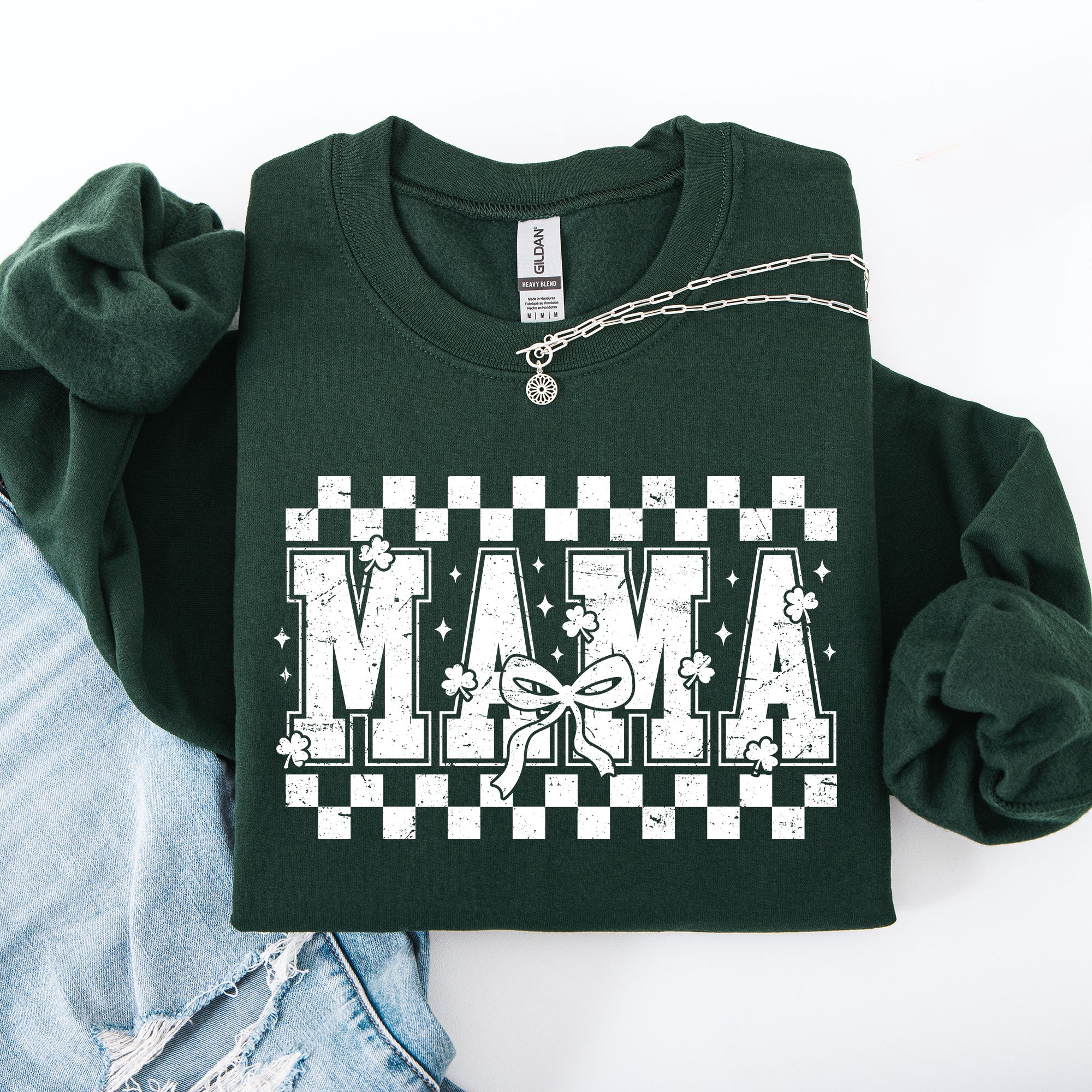 Mama Checkered Bow Ribbon St Patrick's Day Shamrock Clover Leprechaun Sweatshirt