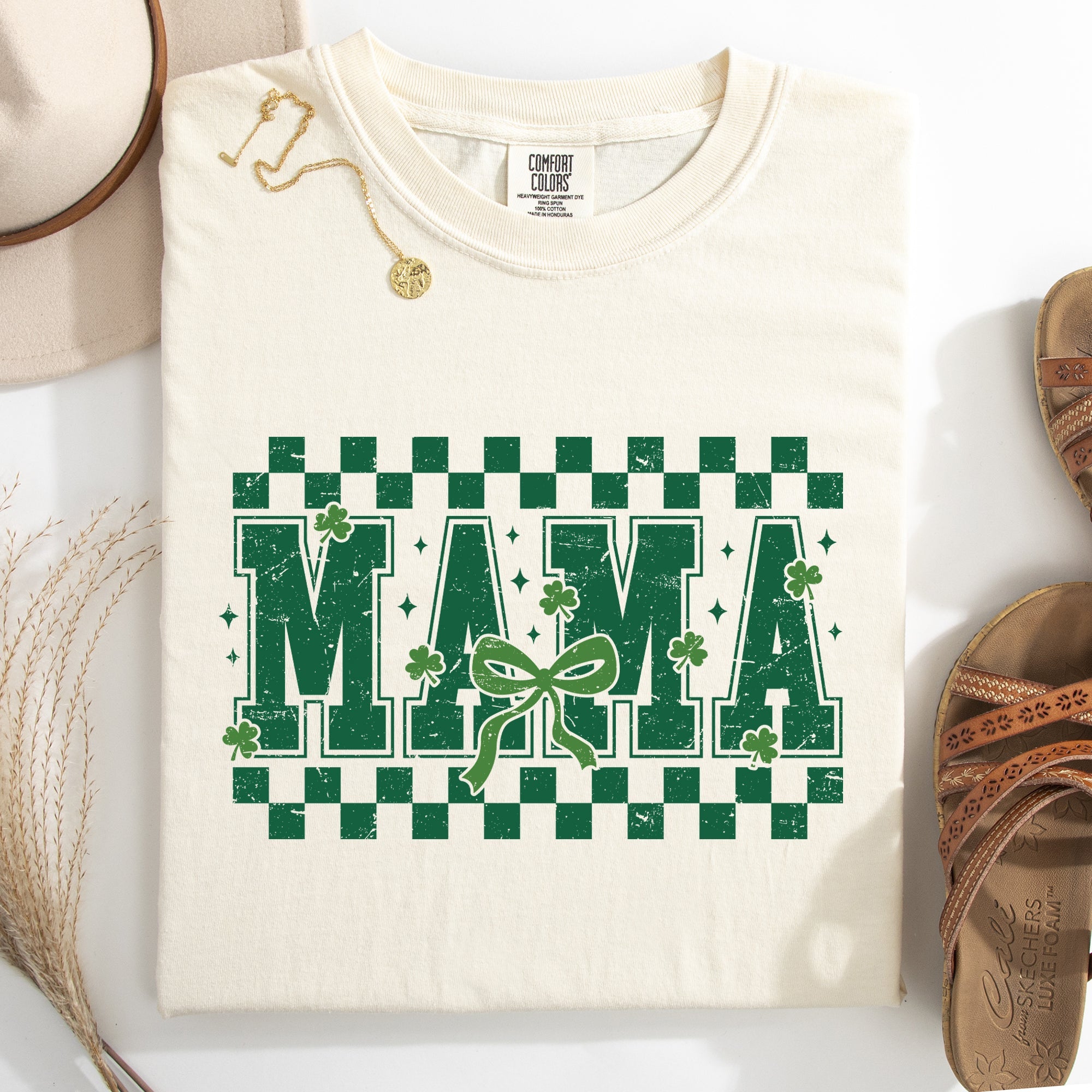 Mama Checkered Bow Ribbon St Patrick's Day Shamrock Clover Lucky Leprechaun Comfort Colors Tee
