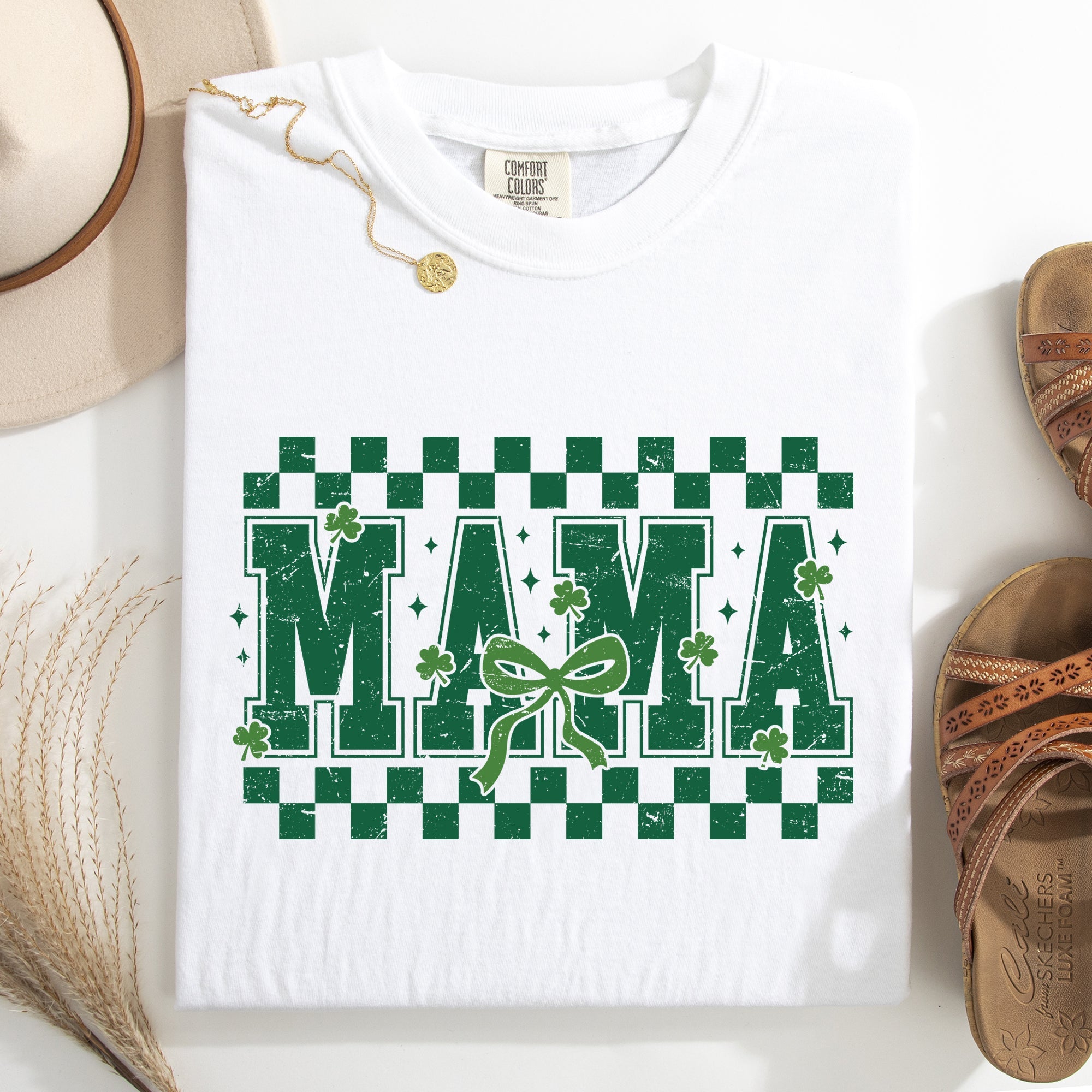 Mama Checkered Bow Ribbon St Patrick's Day Shamrock Clover Lucky Leprechaun Comfort Colors Tee