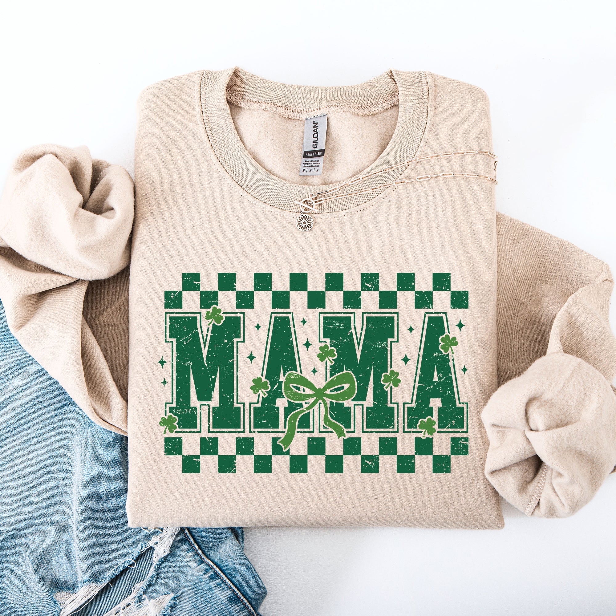 Mama Checkered Bow Ribbon St Patrick's Day Shamrock Clover Leprechaun Sweatshirt