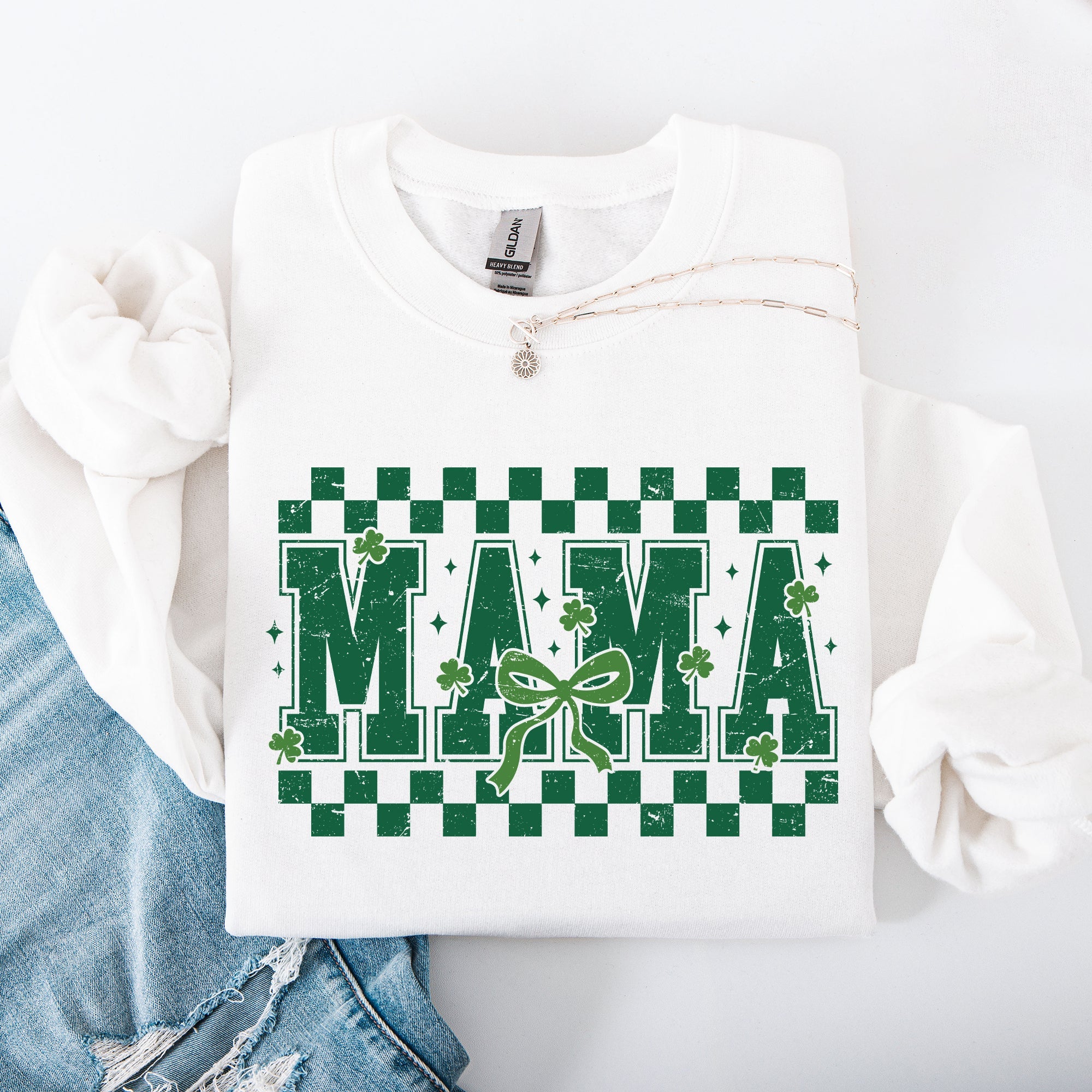Mama Checkered Bow Ribbon St Patrick's Day Shamrock Clover Leprechaun Sweatshirt