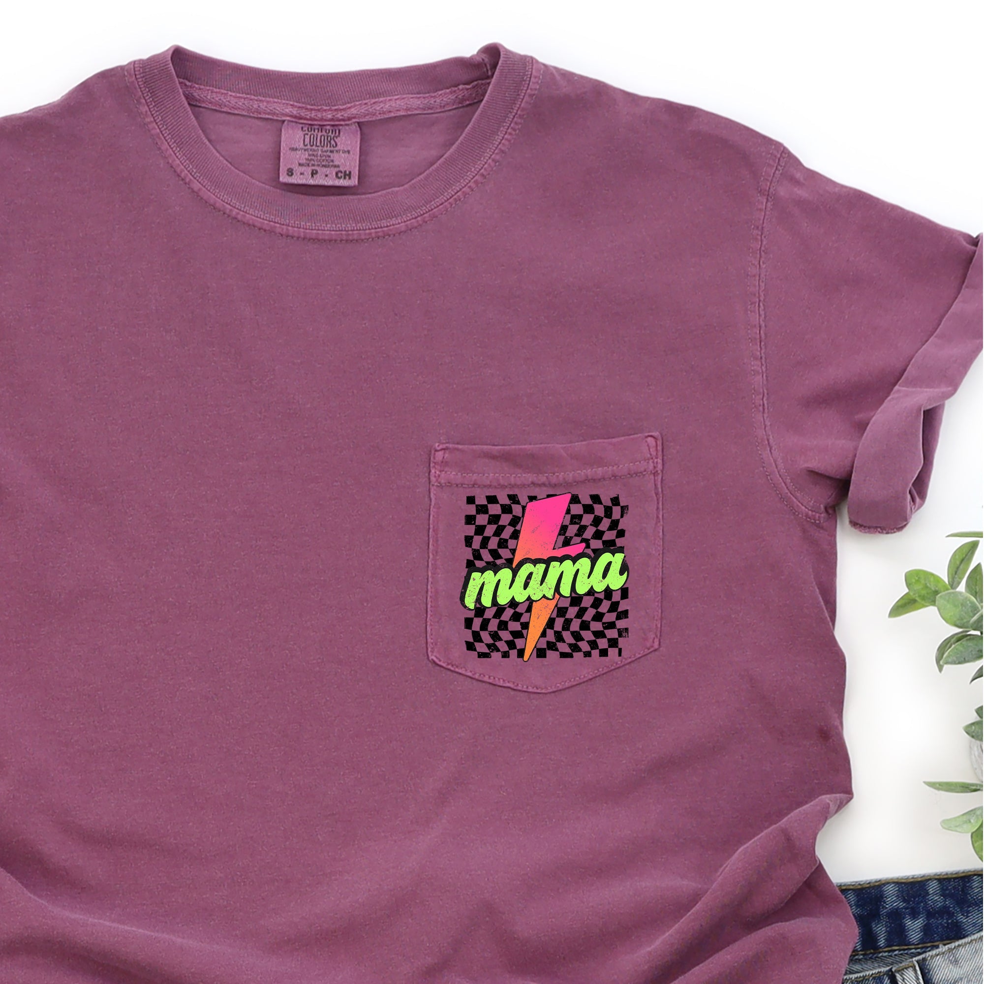 Mama Checkered Lightning Bolt Colorful Pocket Patch Print Vintage Americana Inspired Comfort Colors Tee