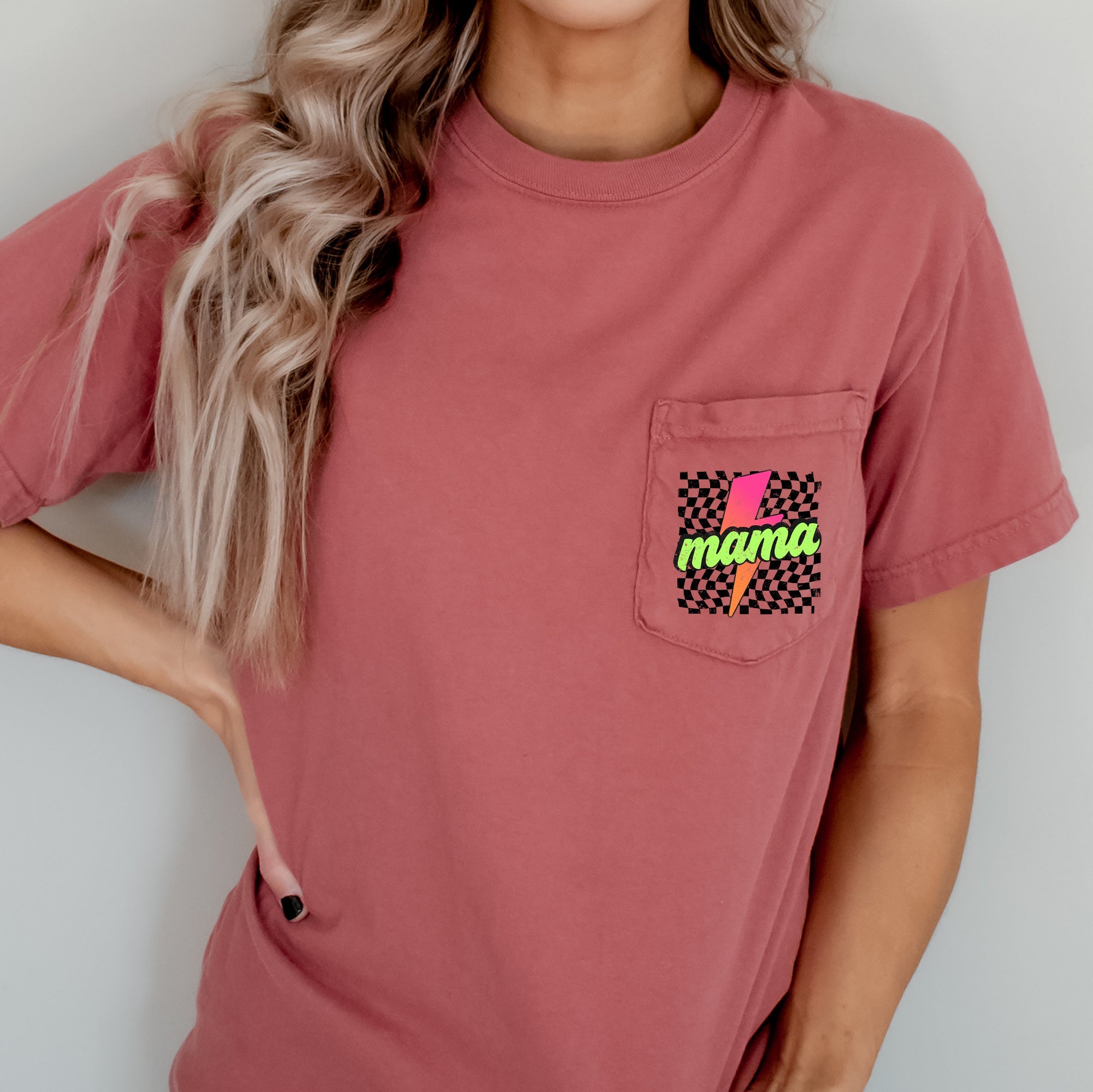 Mama Checkered Lightning Bolt Colorful Pocket Patch Print Vintage Americana Inspired Comfort Colors Tee