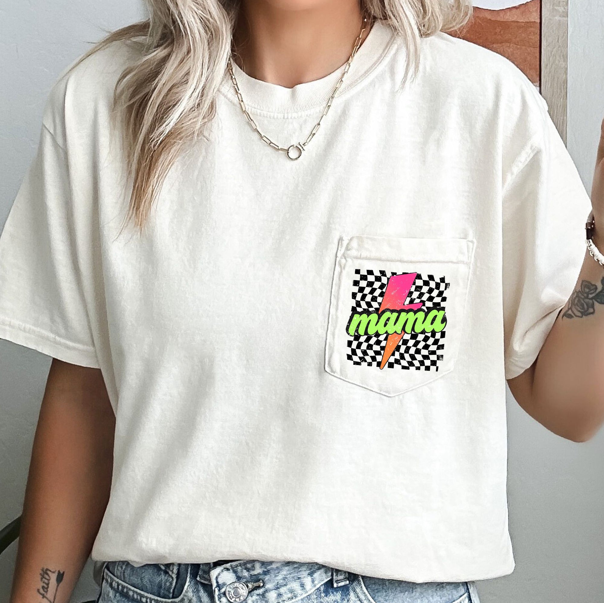 Mama Checkered Lightning Bolt Colorful Pocket Patch Print Vintage Americana Inspired Comfort Colors Tee