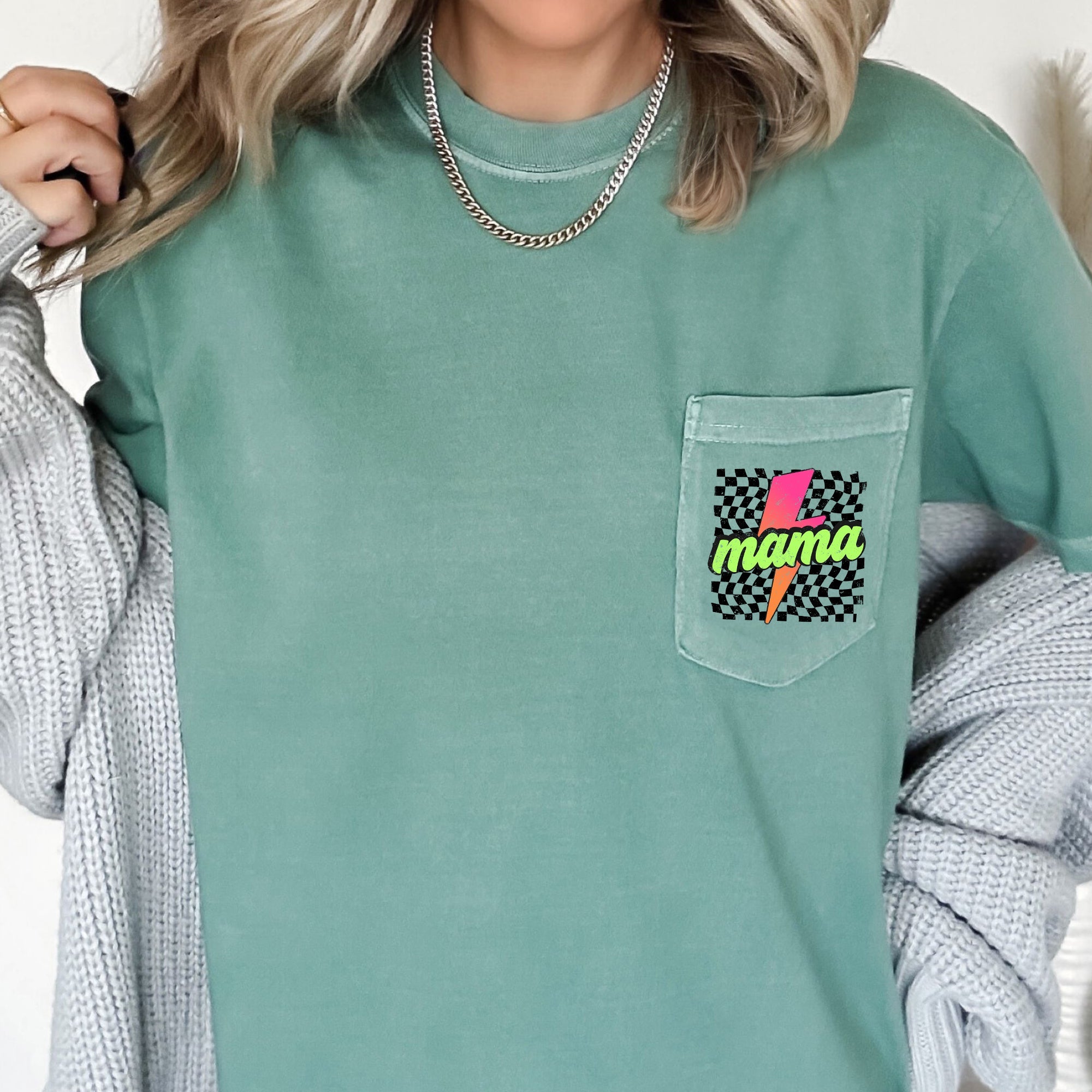 Mama Checkered Lightning Bolt Colorful Pocket Patch Print Vintage Americana Inspired Comfort Colors Tee
