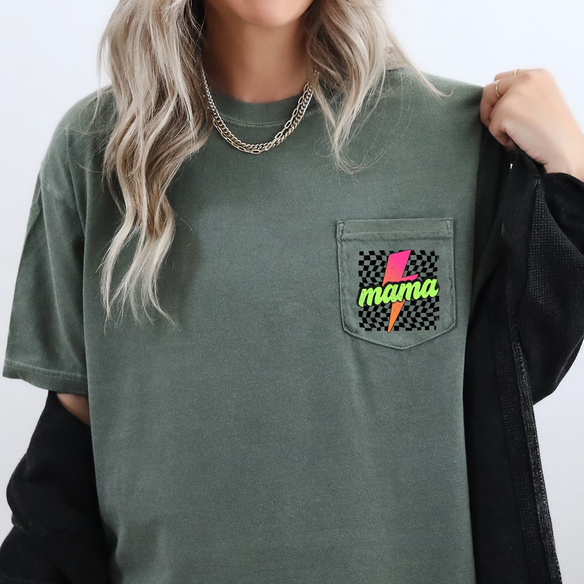 Mama Checkered Lightning Bolt Colorful Pocket Patch Print Vintage Americana Inspired Comfort Colors Tee