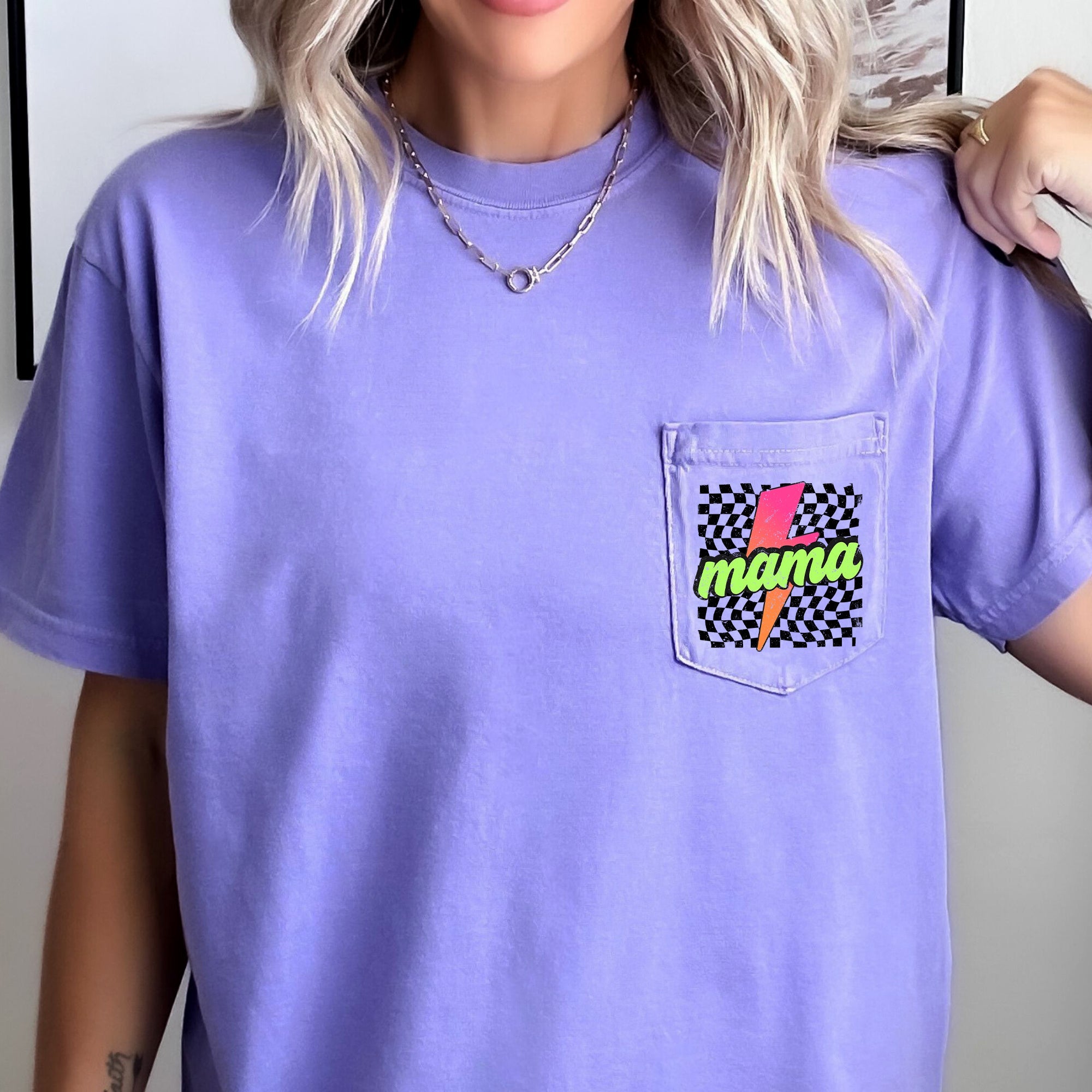 Mama Checkered Lightning Bolt Colorful Pocket Patch Print Vintage Americana Inspired Comfort Colors Tee