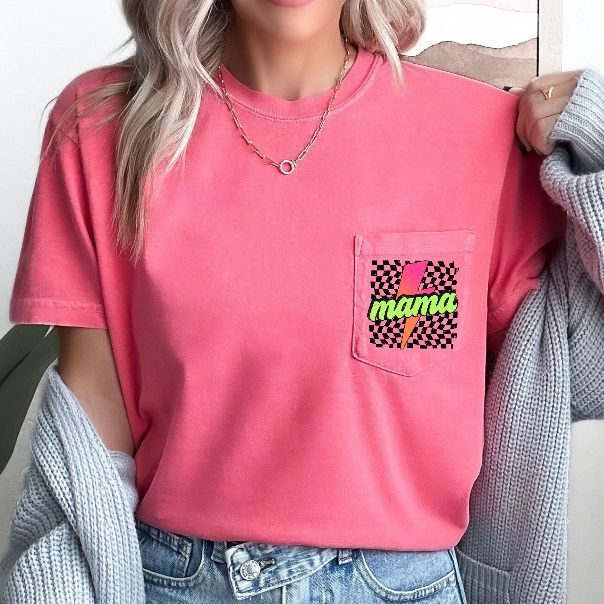 Mama Checkered Lightning Bolt Colorful Pocket Patch Print Vintage Americana Inspired Comfort Colors Tee