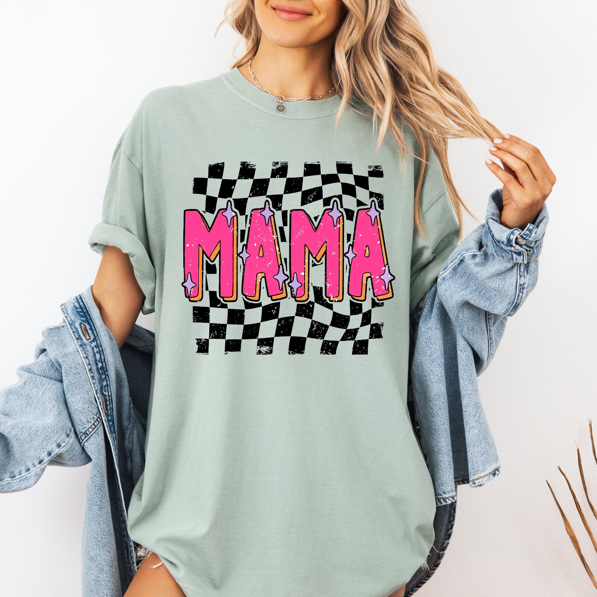 Mama Checkered Vibrant Retro Vintage Classic Bold Nostalgic Playful Energetic Statement Comfort Colors Tee