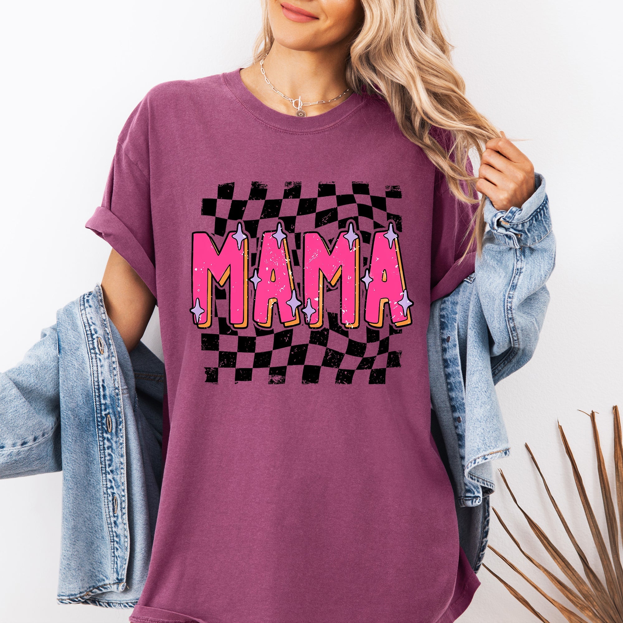 Mama Checkered Vibrant Retro Vintage Classic Bold Nostalgic Playful Energetic Statement Comfort Colors Tee