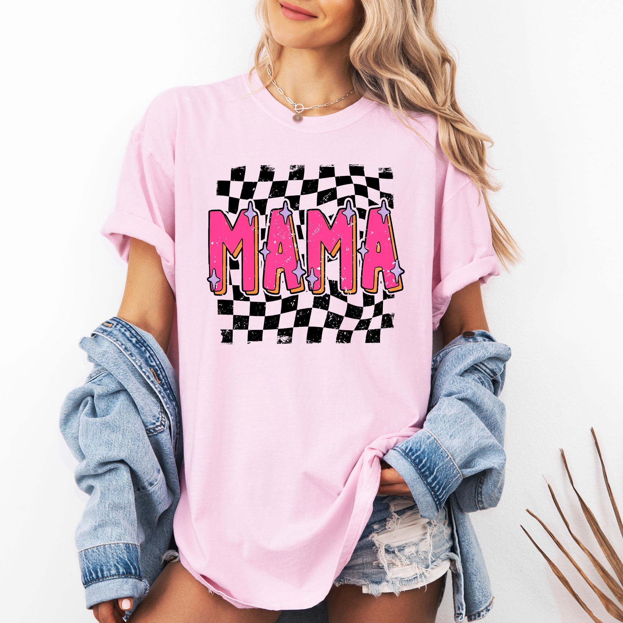 Mama Checkered Vibrant Retro Vintage Classic Bold Nostalgic Playful Energetic Statement Comfort Colors Tee