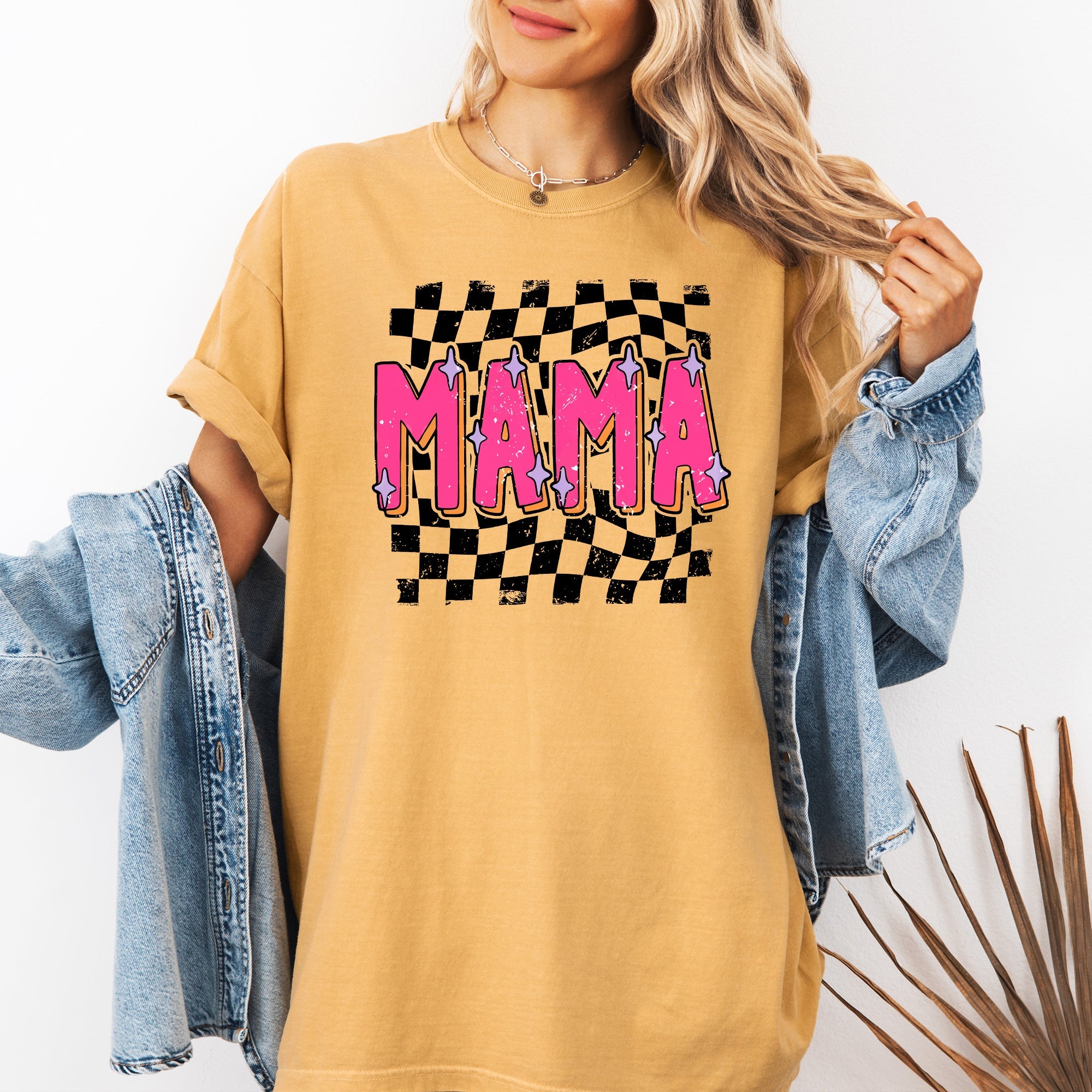 Mama Checkered Vibrant Retro Vintage Classic Bold Nostalgic Playful Energetic Statement Comfort Colors Tee