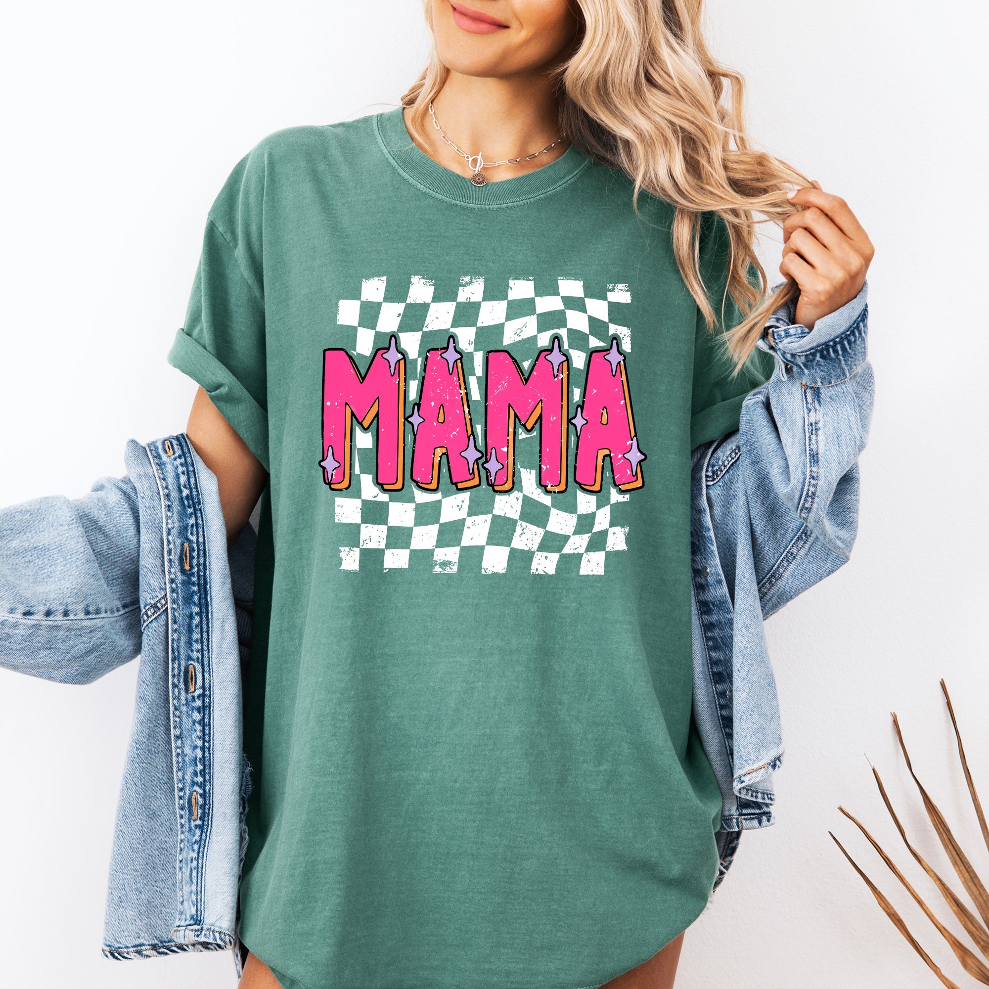 Mama Checkered Vibrant Retro Vintage Classic Bold Nostalgic Playful Energetic Statement Comfort Colors Tee