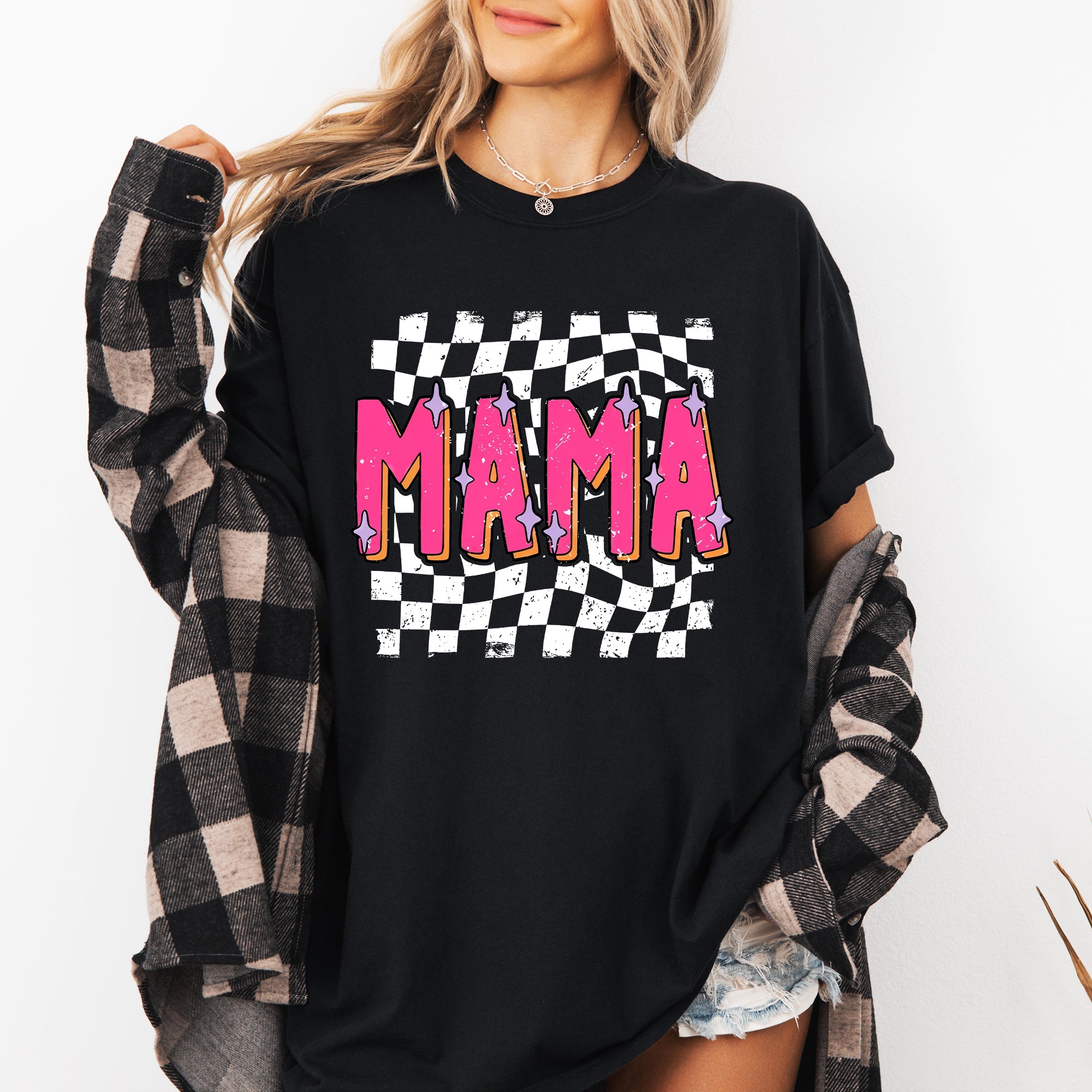 Mama Checkered Vibrant Retro Vintage Classic Bold Nostalgic Playful Energetic Statement Comfort Colors Tee