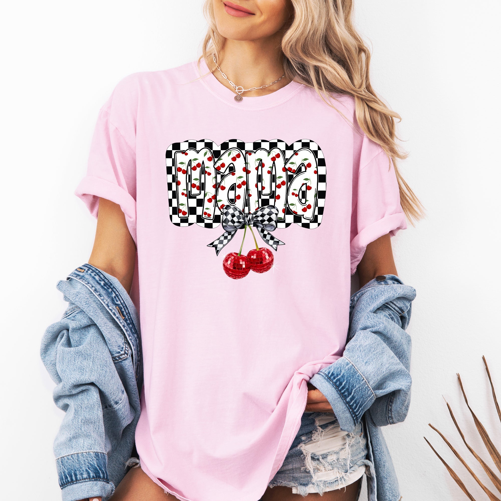 Mama Cherries Checkered Retro Vintage Look Cozy Nostalgic Classic Americana Plaid Vibe Comfort Colors Tee