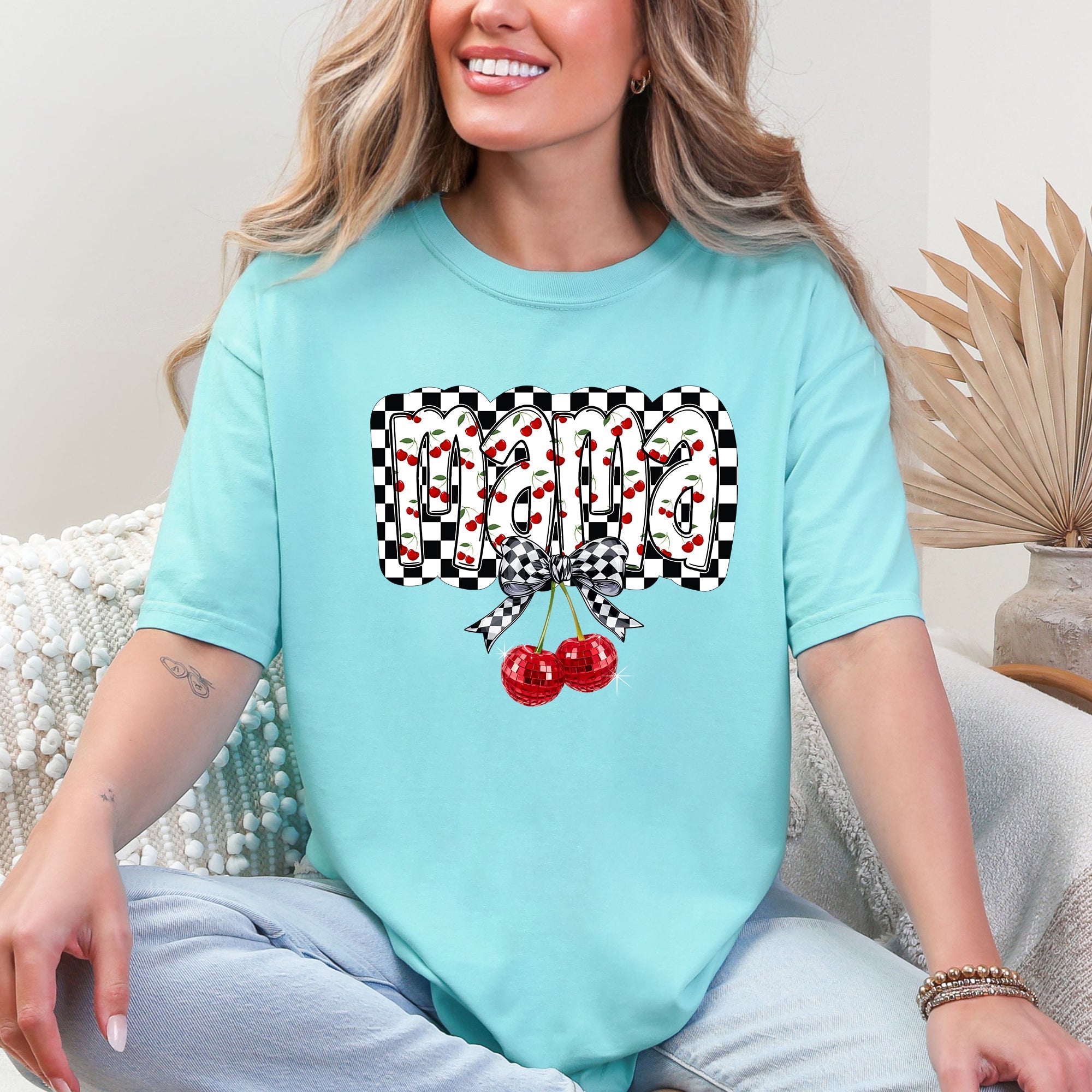 Mama Cherries Checkered Retro Vintage Look Cozy Nostalgic Classic Americana Plaid Vibe Comfort Colors Tee
