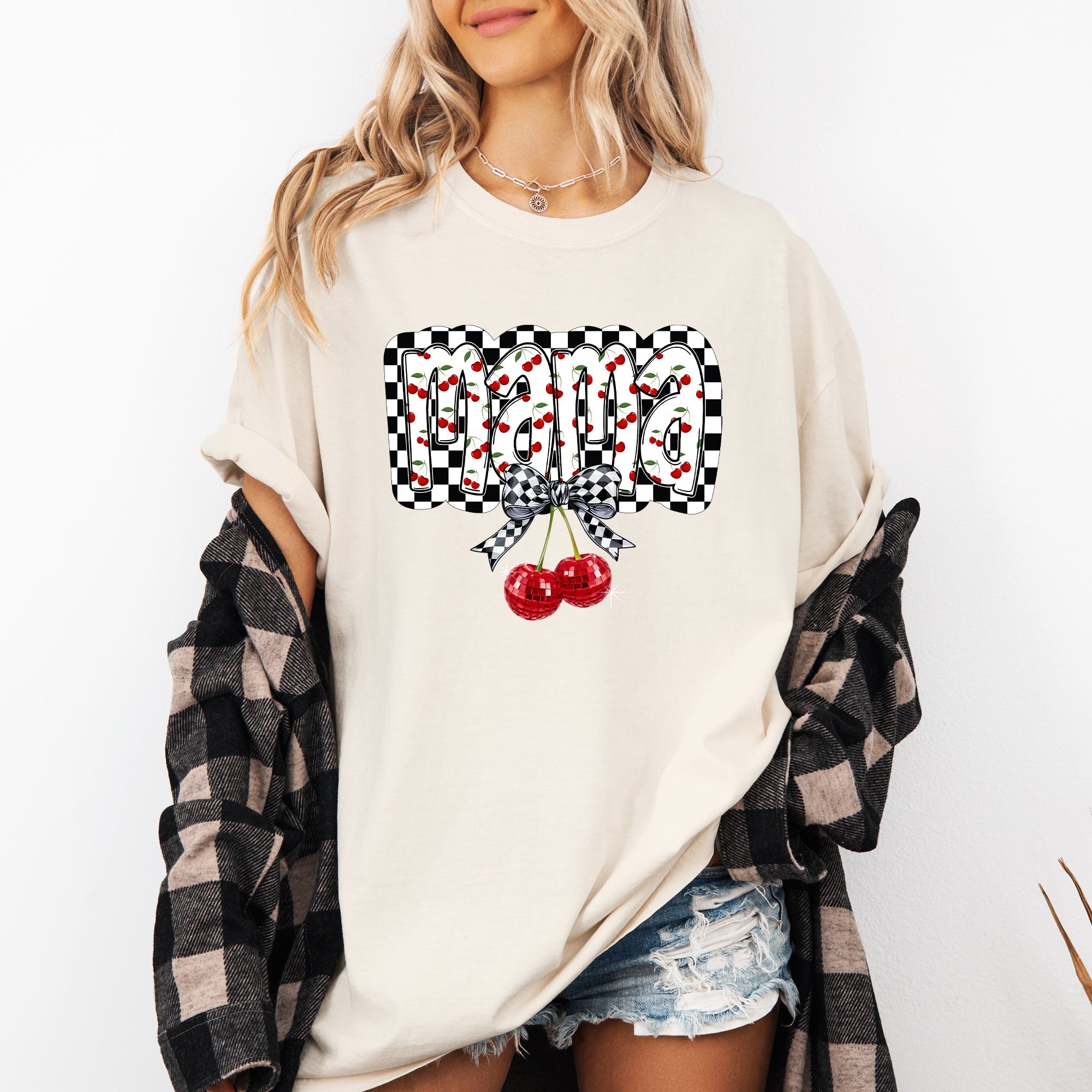 Mama Cherries Checkered Retro Vintage Look Cozy Nostalgic Classic Americana Plaid Vibe Comfort Colors Tee