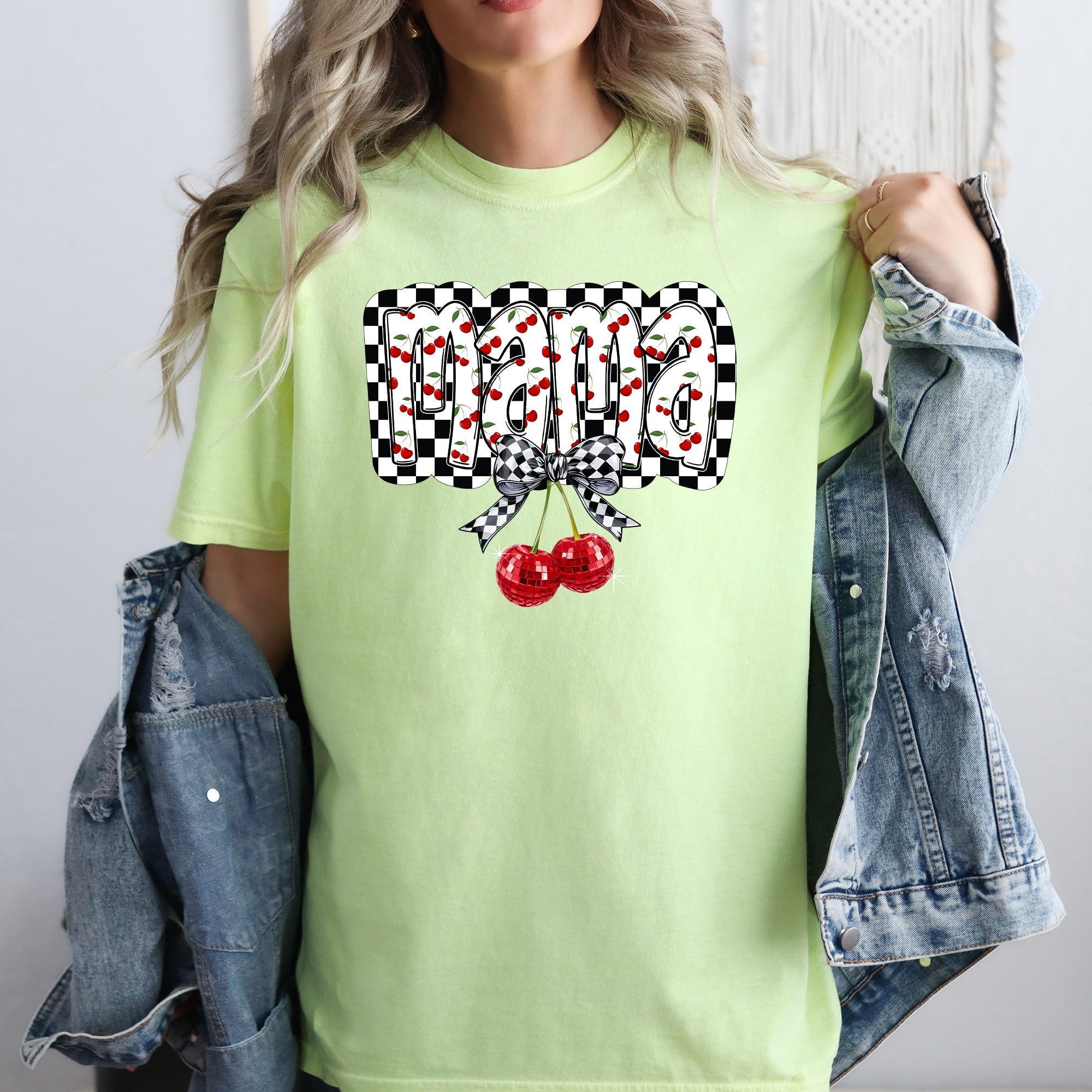 Mama Cherries Checkered Retro Vintage Look Cozy Nostalgic Classic Americana Plaid Vibe Comfort Colors Tee