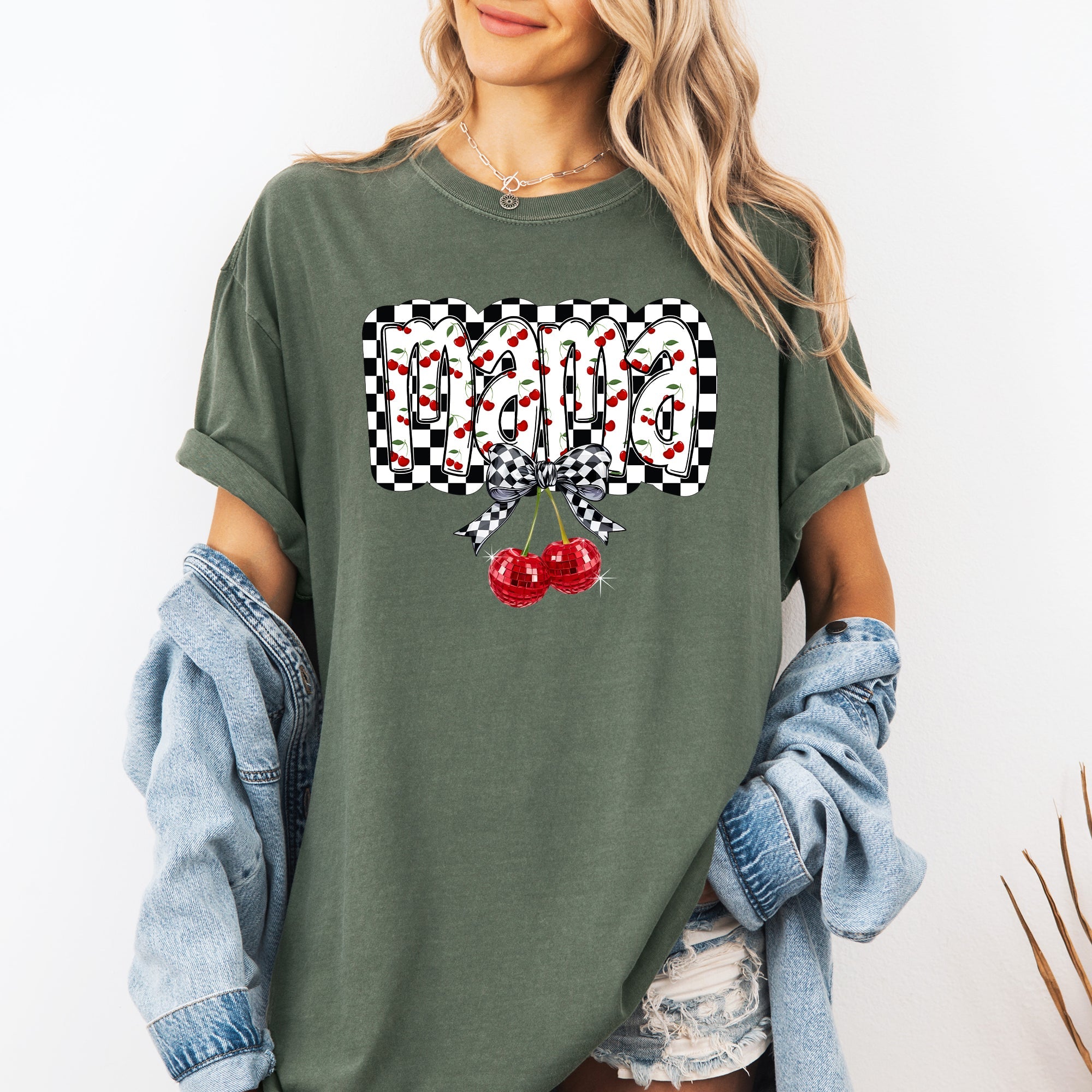 Mama Cherries Checkered Retro Vintage Look Cozy Nostalgic Classic Americana Plaid Vibe Comfort Colors Tee