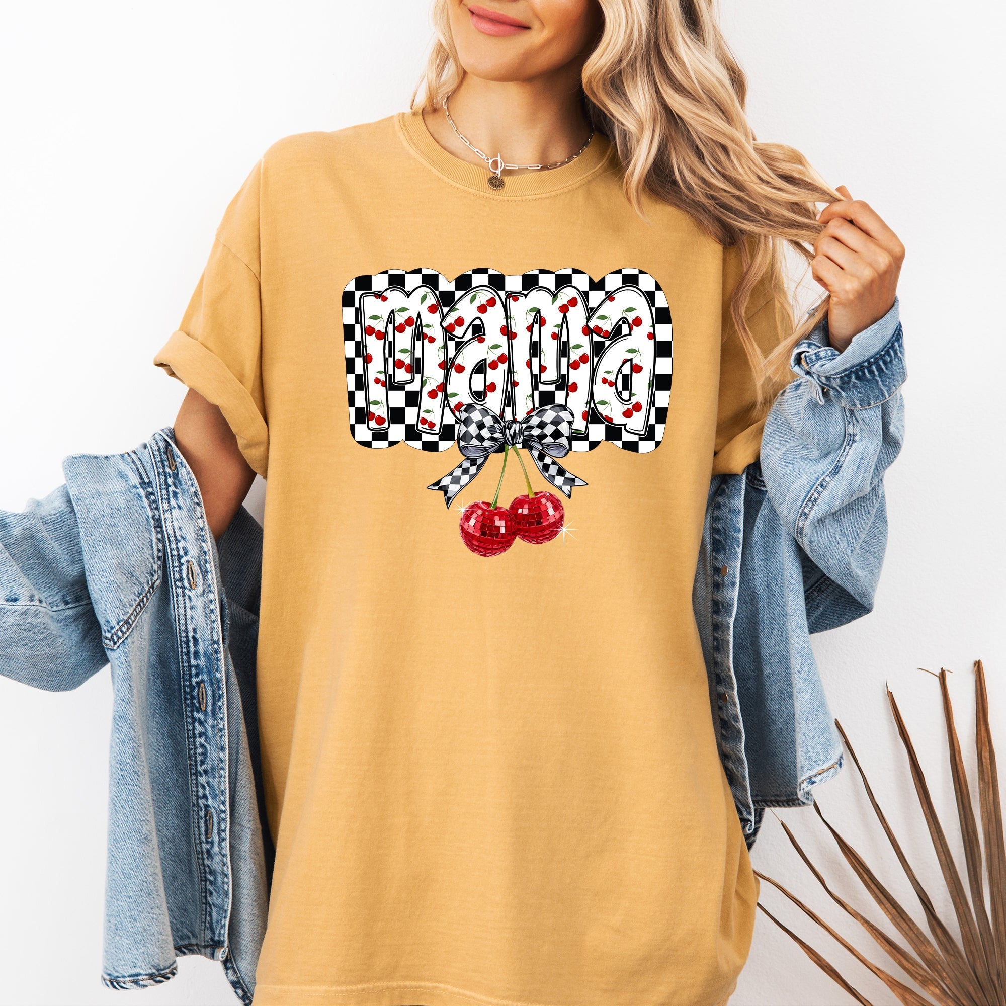 Mama Cherries Checkered Retro Vintage Look Cozy Nostalgic Classic Americana Plaid Vibe Comfort Colors Tee