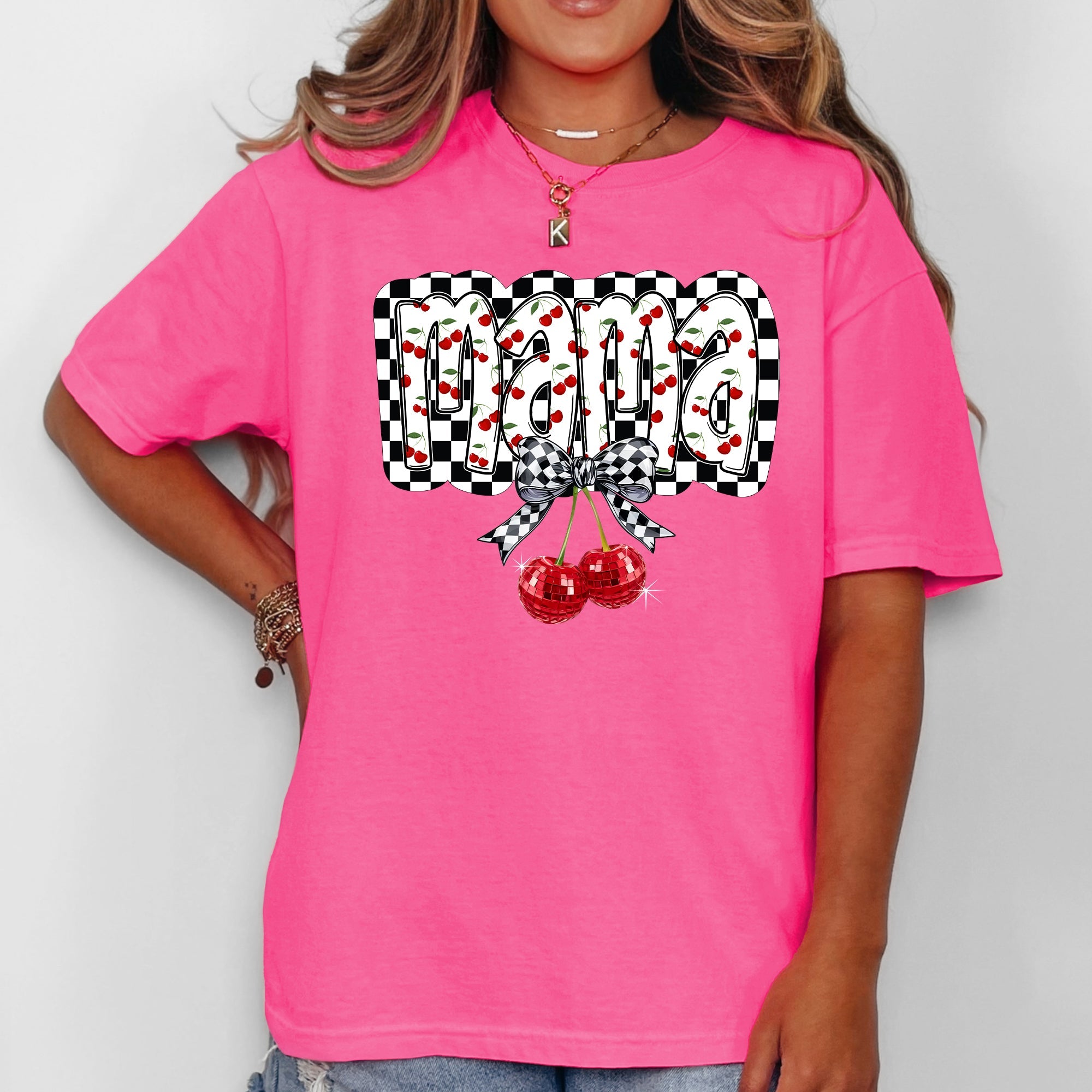 Mama Cherries Checkered Retro Vintage Look Cozy Nostalgic Classic Americana Plaid Vibe Comfort Colors Tee