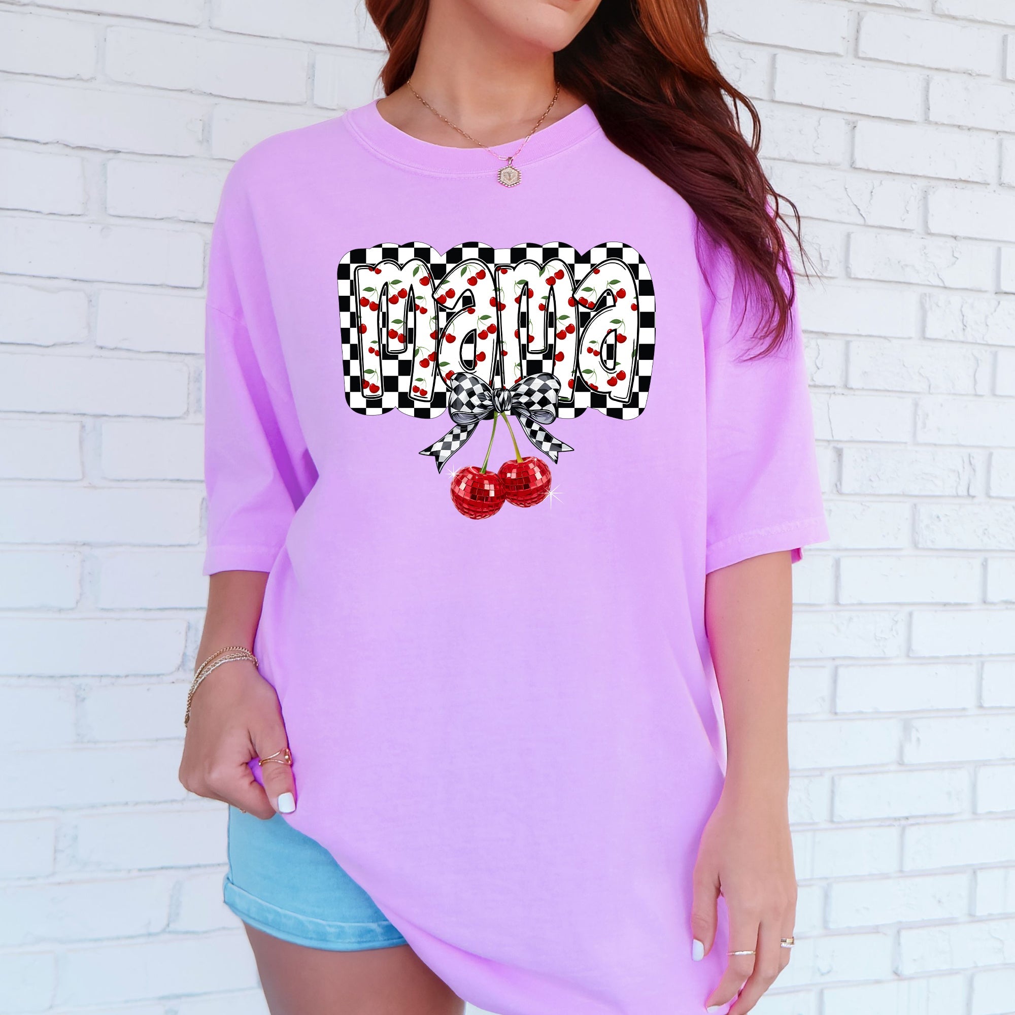 Mama Cherries Checkered Retro Vintage Look Cozy Nostalgic Classic Americana Plaid Vibe Comfort Colors Tee